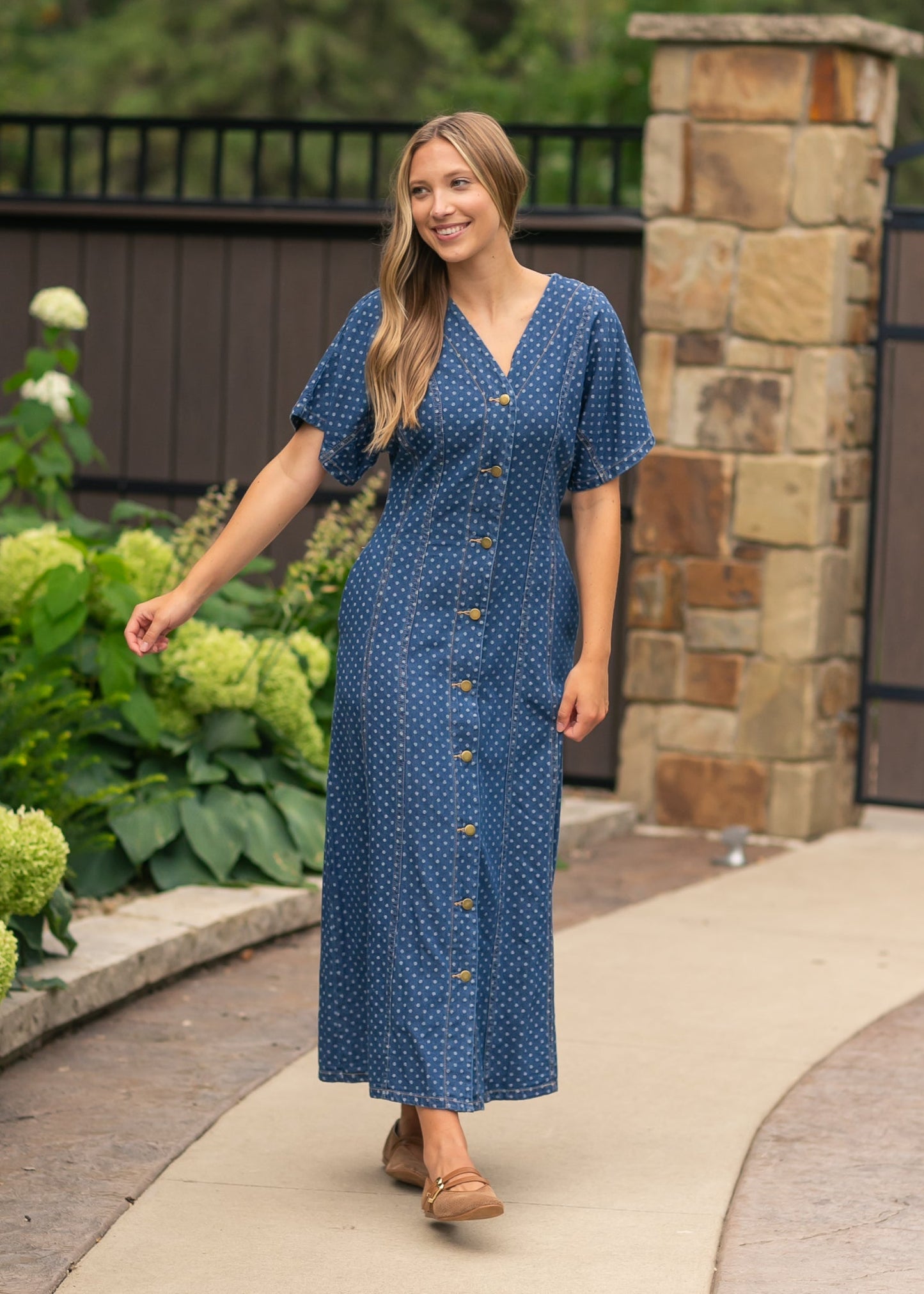 Dot Print Button Front Denim Dress - FINAL SALE
