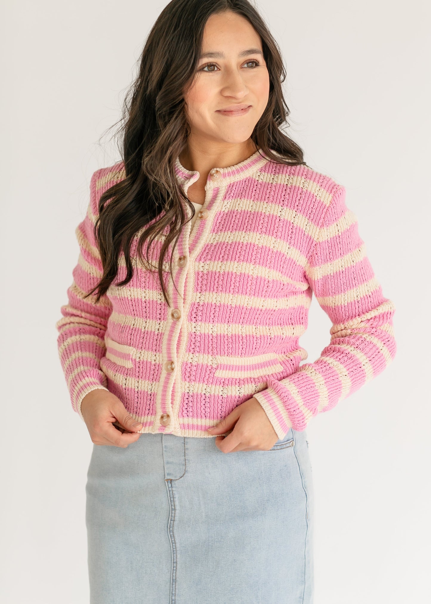 Edolie Pink Striped Button Up Cardigan - FINAL SALE