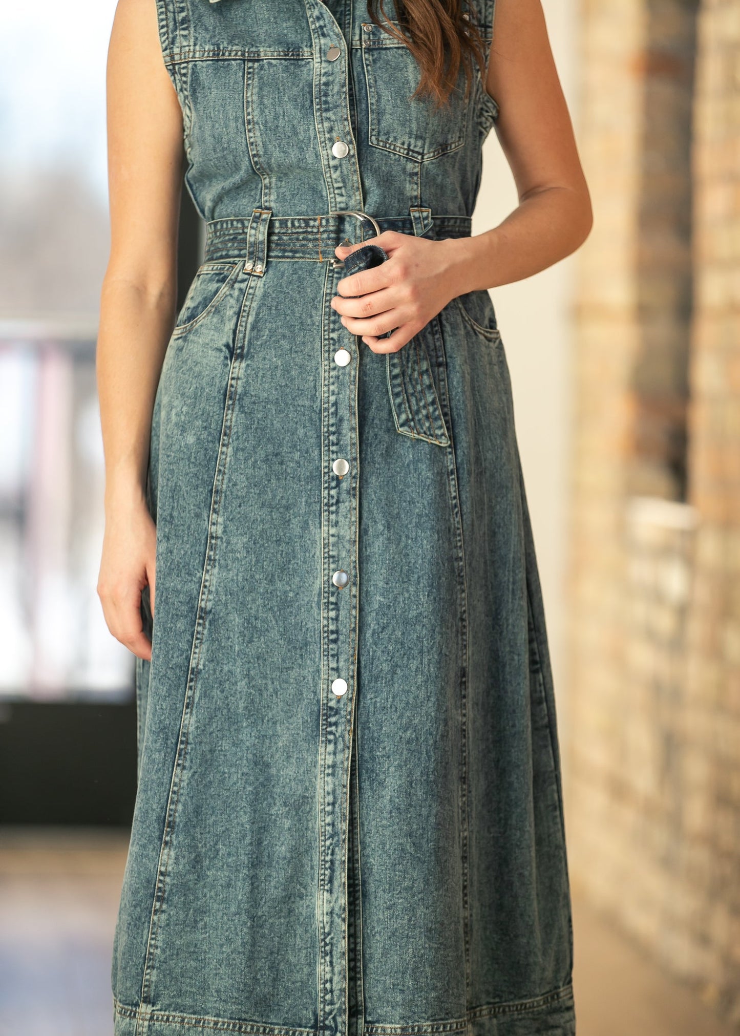 elan Sleeveless Belted Button Up Maxi Dress