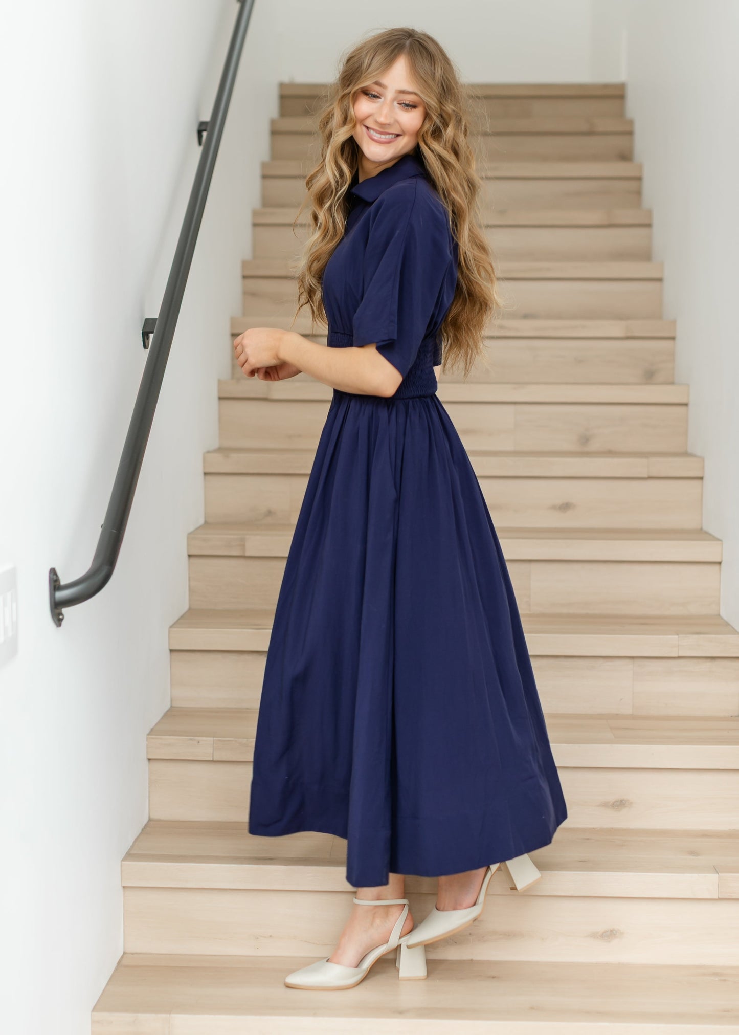 elan Smocked Waist Zip Front Midi Dress