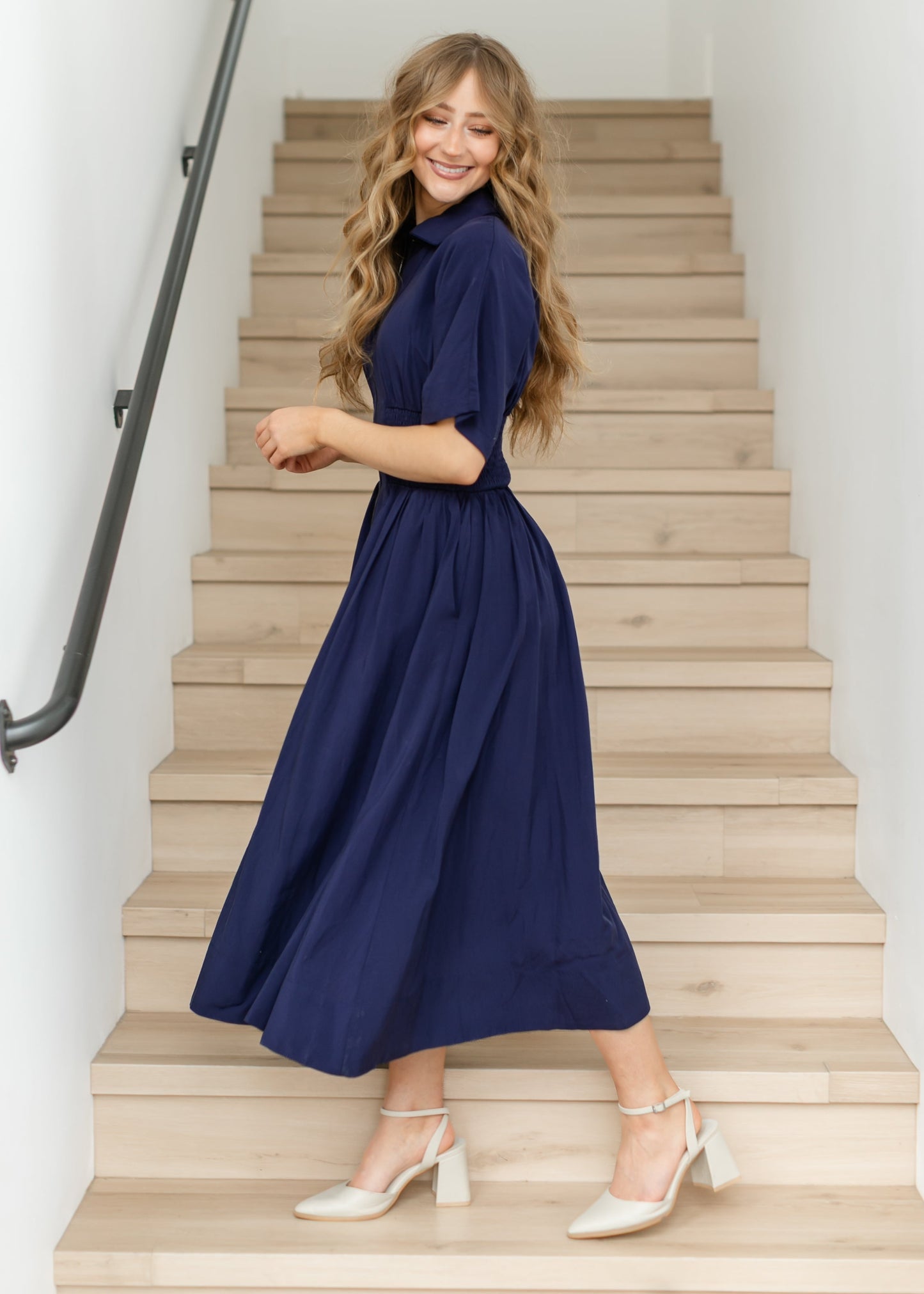 elan Smocked Waist Zip Front Midi Dress
