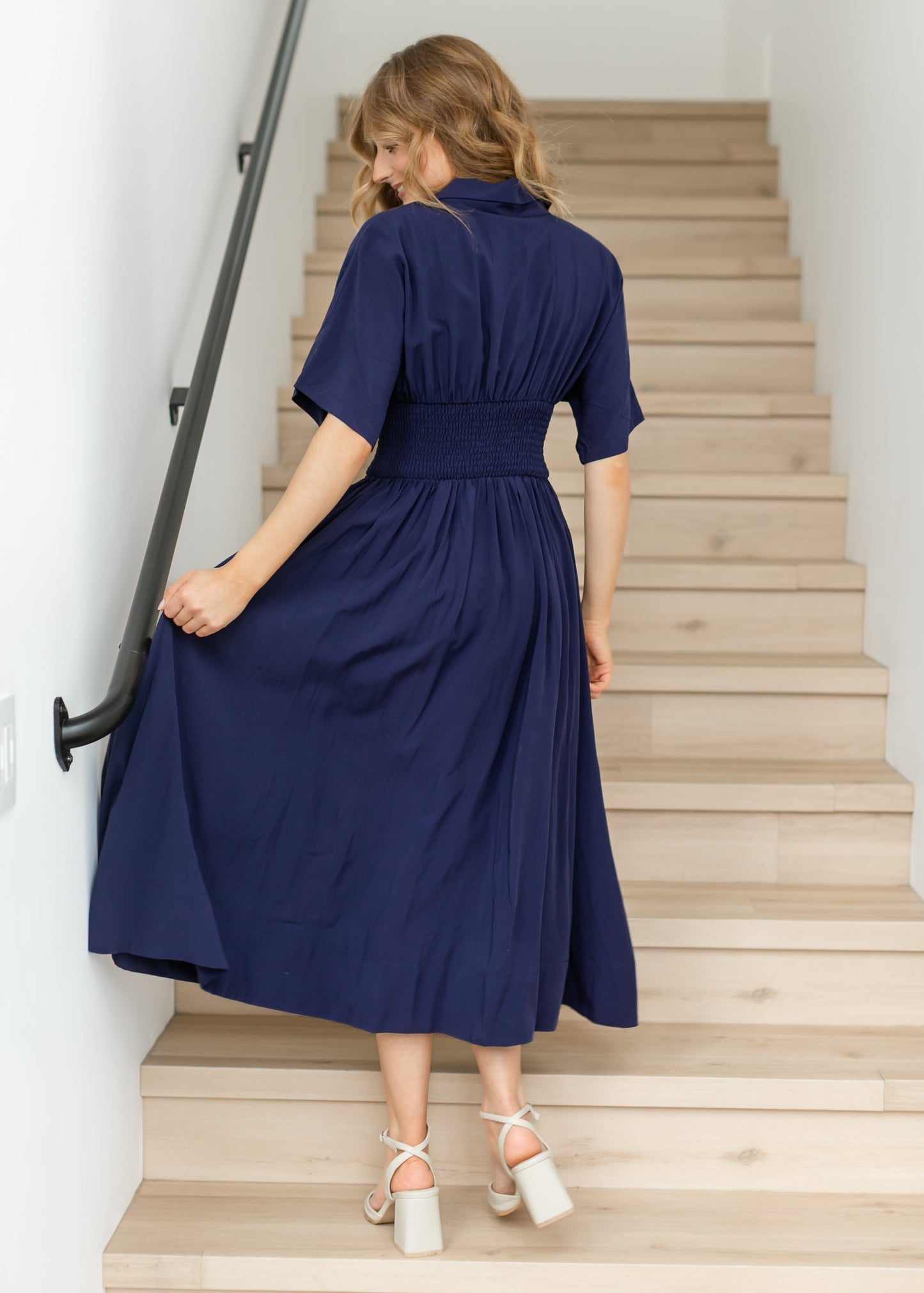 elan Smocked Waist Zip Front Midi Dress
