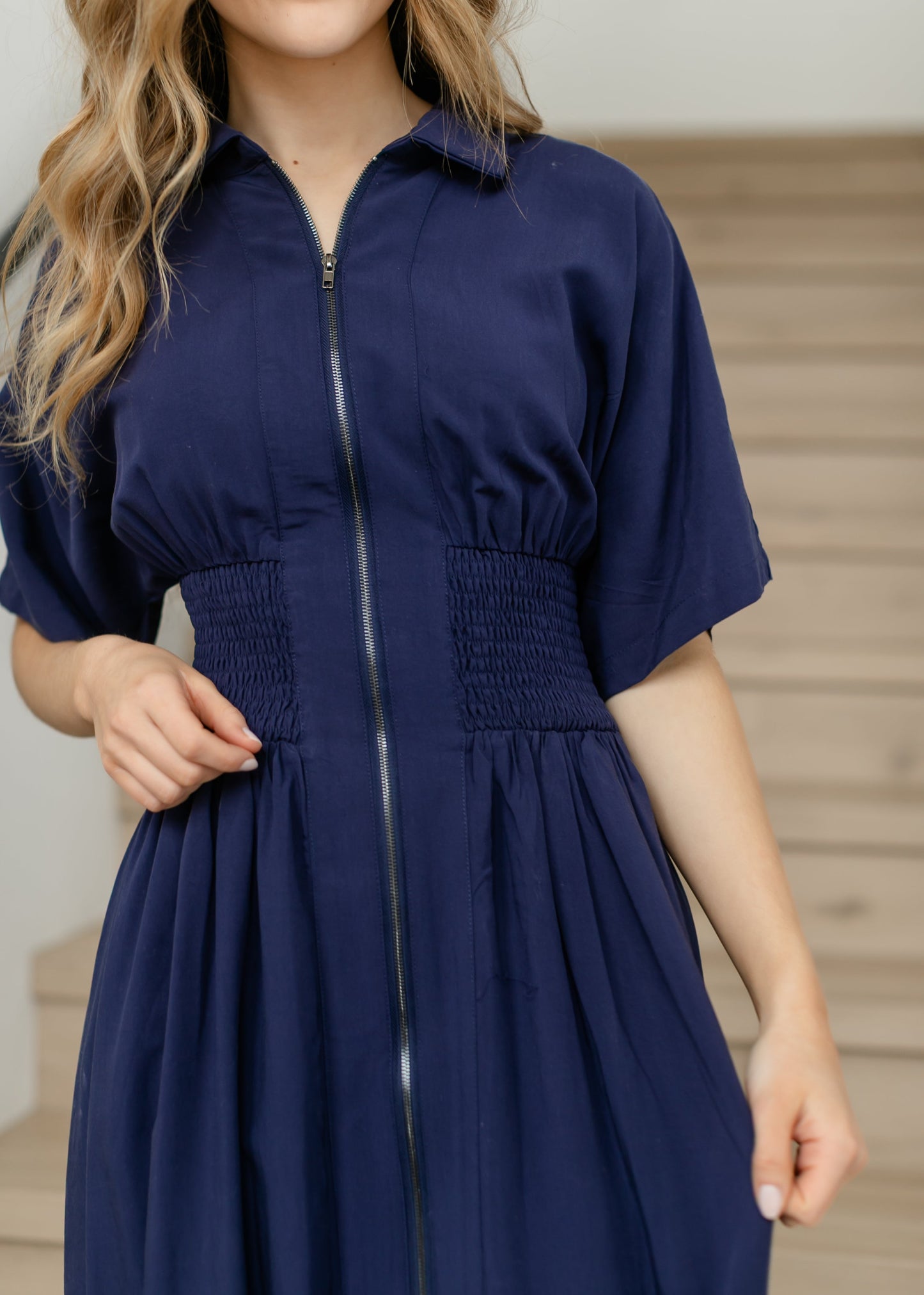 elan Smocked Waist Zip Front Midi Dress