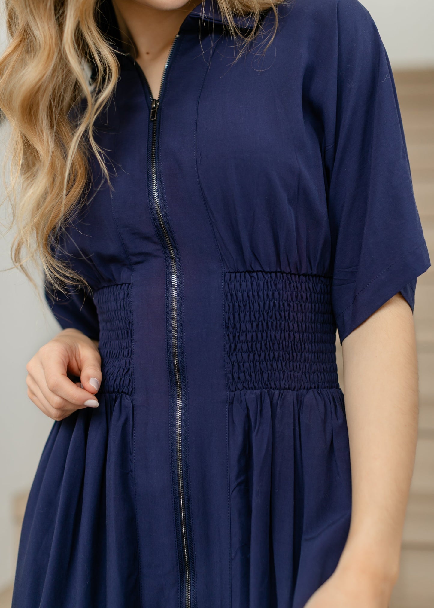 elan Smocked Waist Zip Front Midi Dress