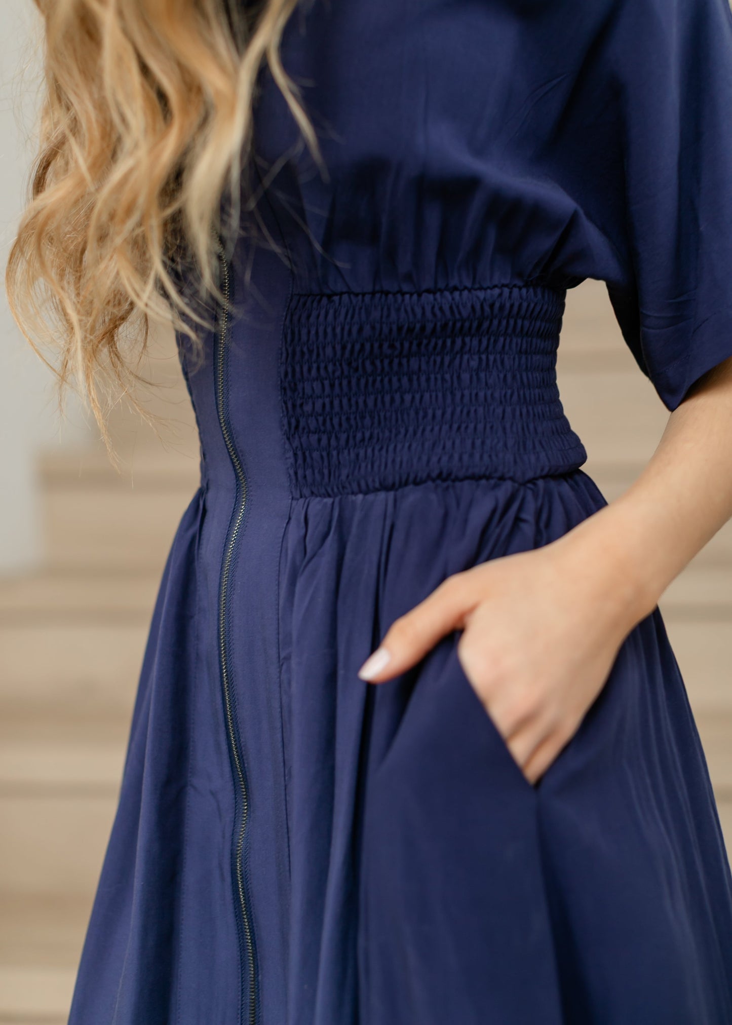 elan Smocked Waist Zip Front Midi Dress