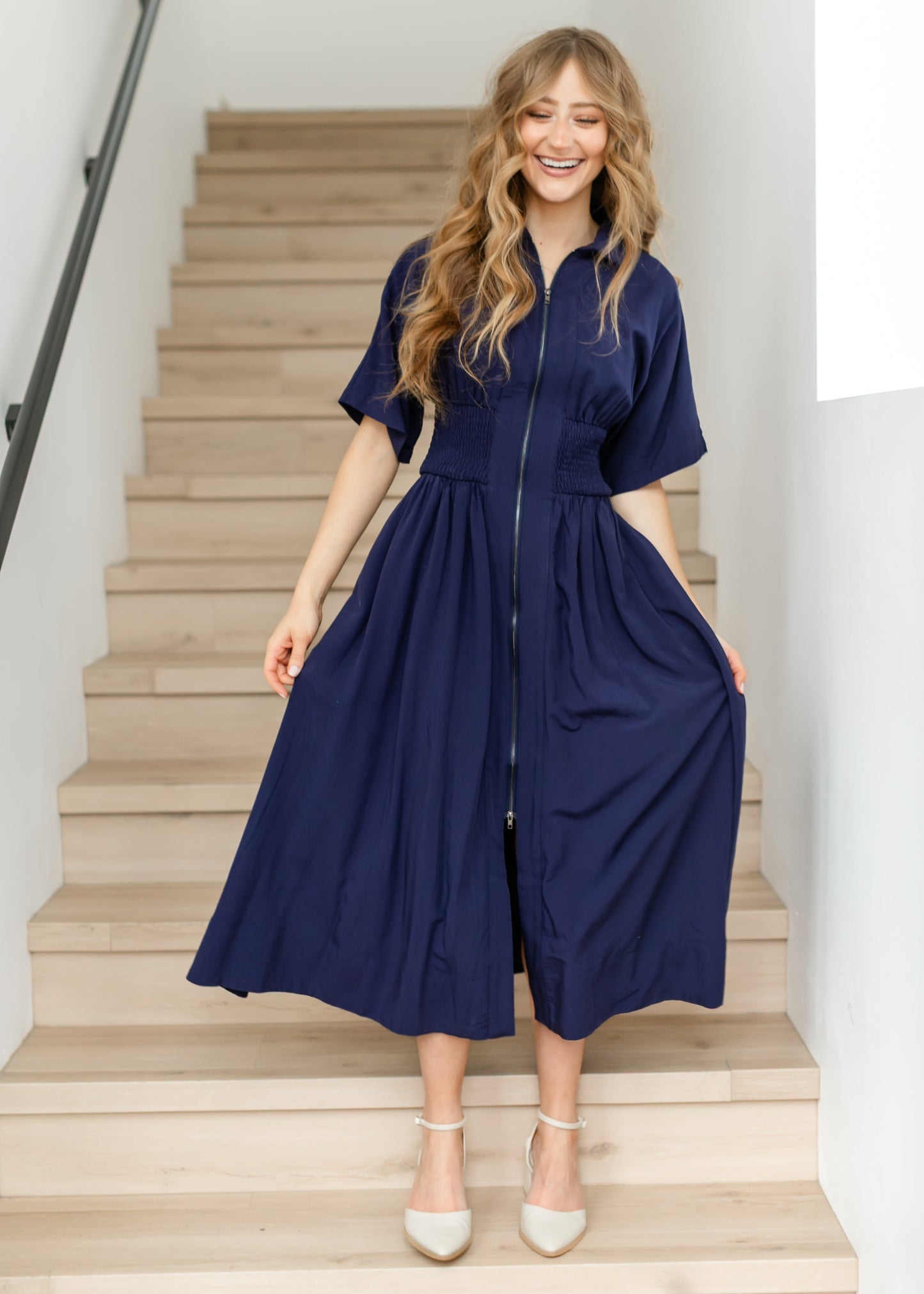 elan Smocked Waist Zip Front Midi Dress