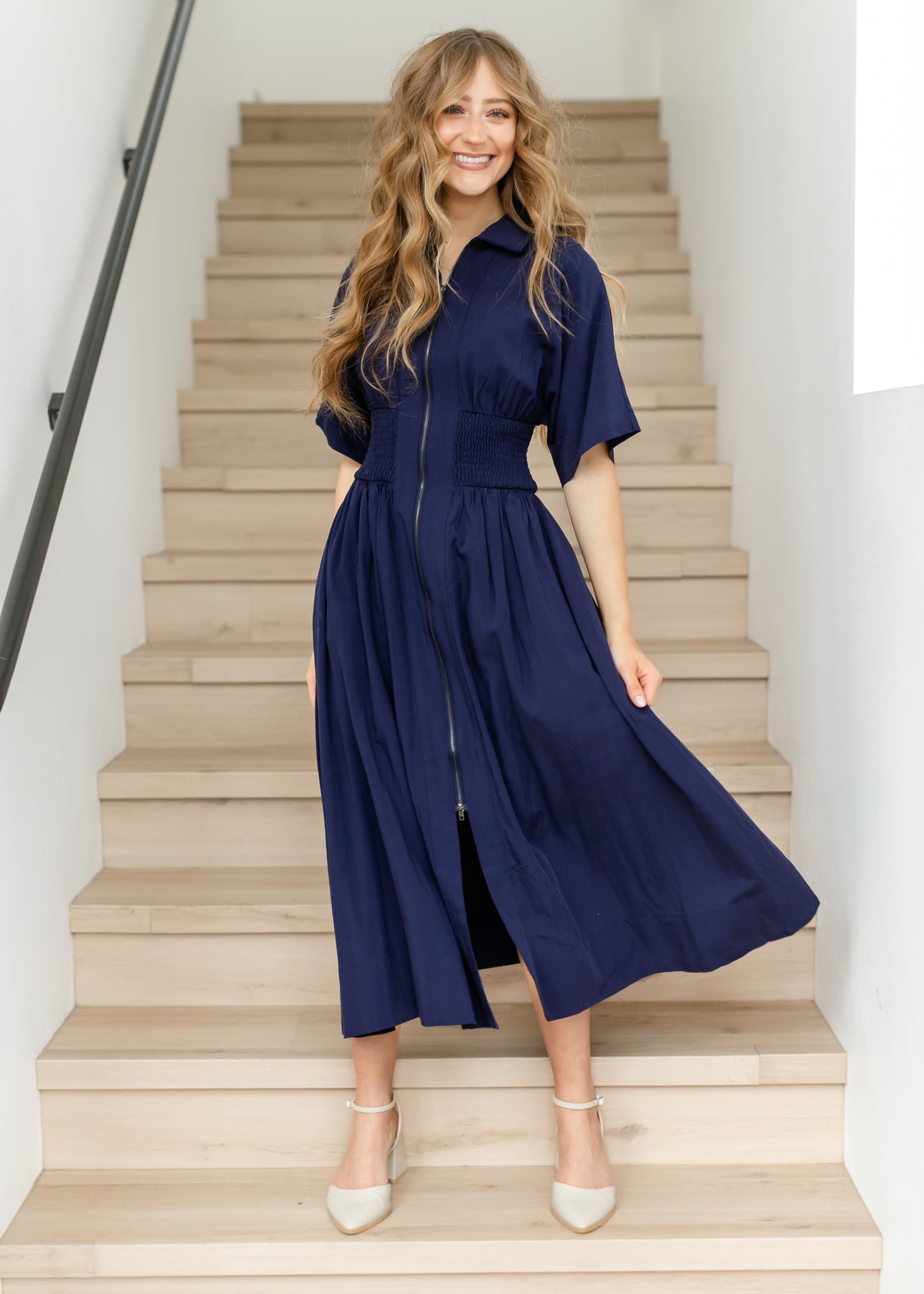 elan Smocked Waist Zip Front Midi Dress