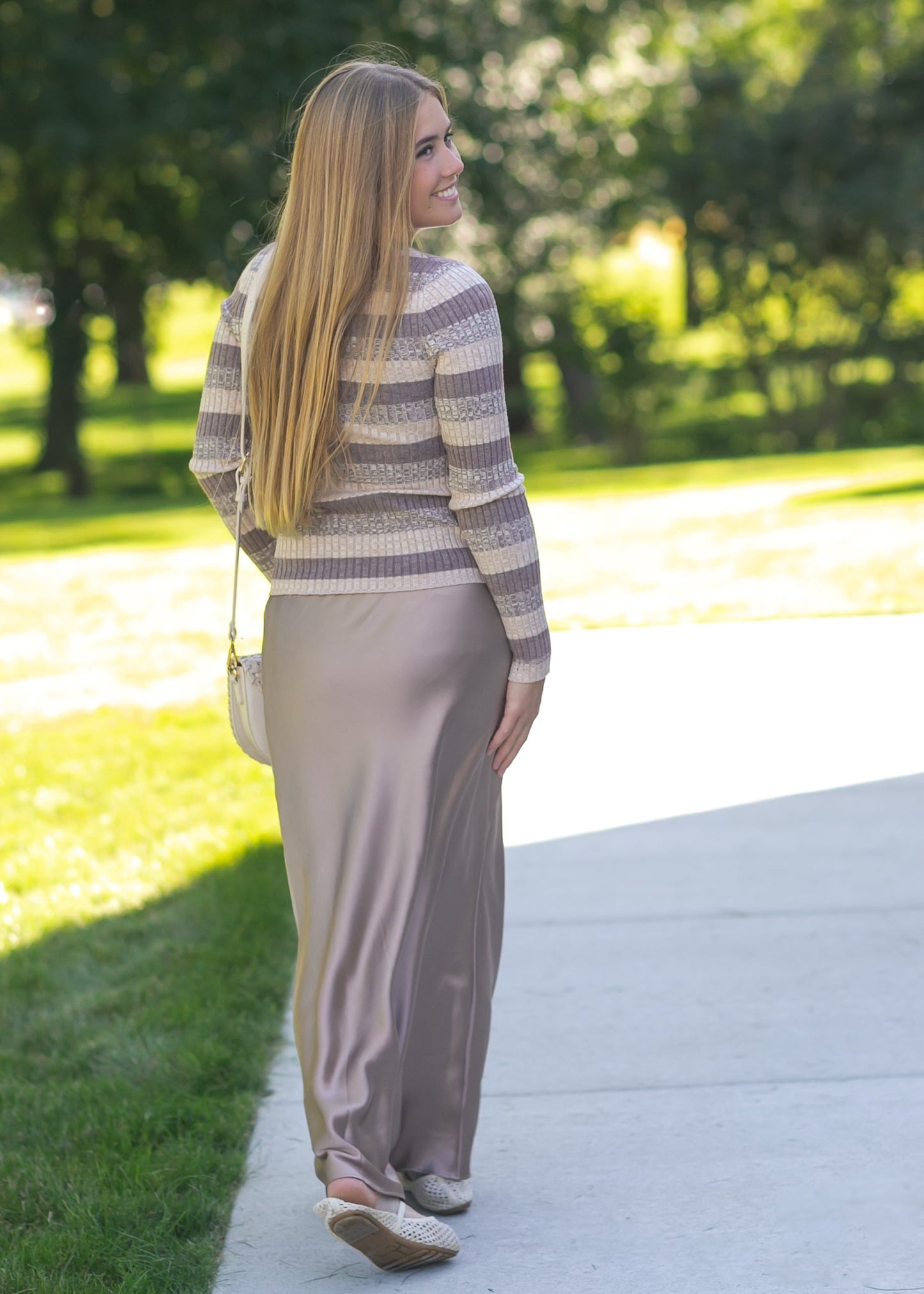 Elastic Waist Satin Maxi Skirt