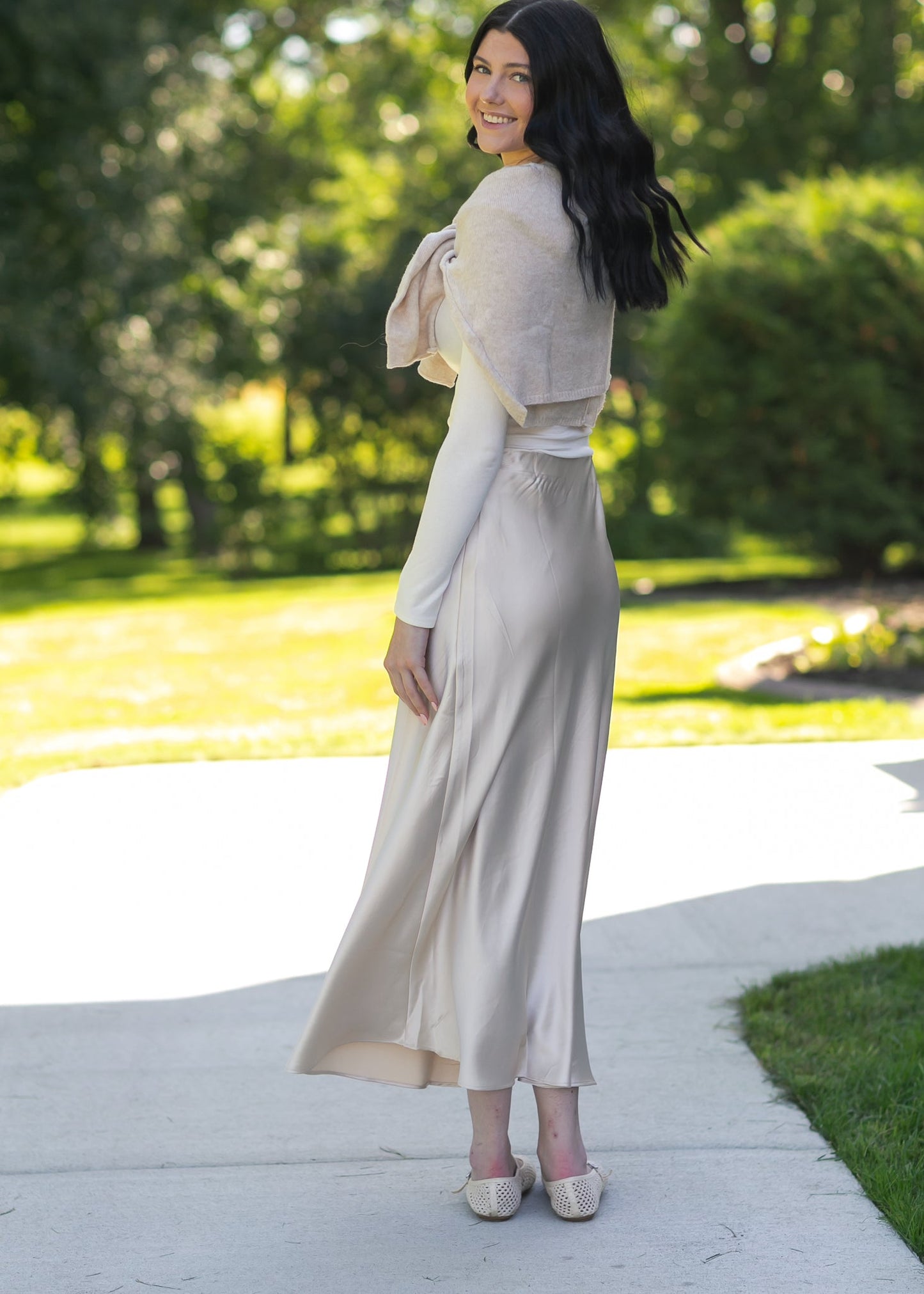Elastic Waist Satin Maxi Skirt