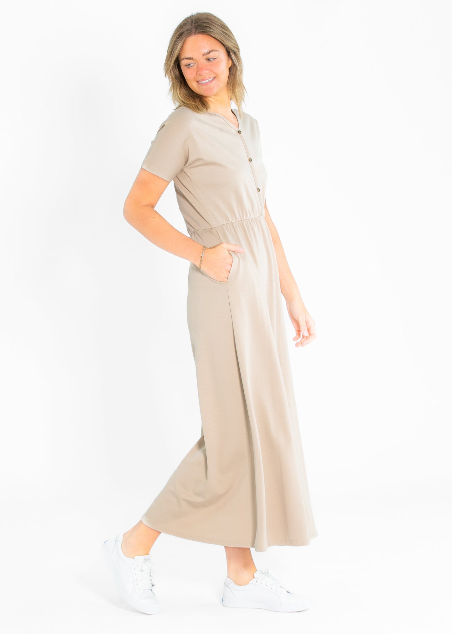 Ella Taupe Cinched Waist Maxi Dress