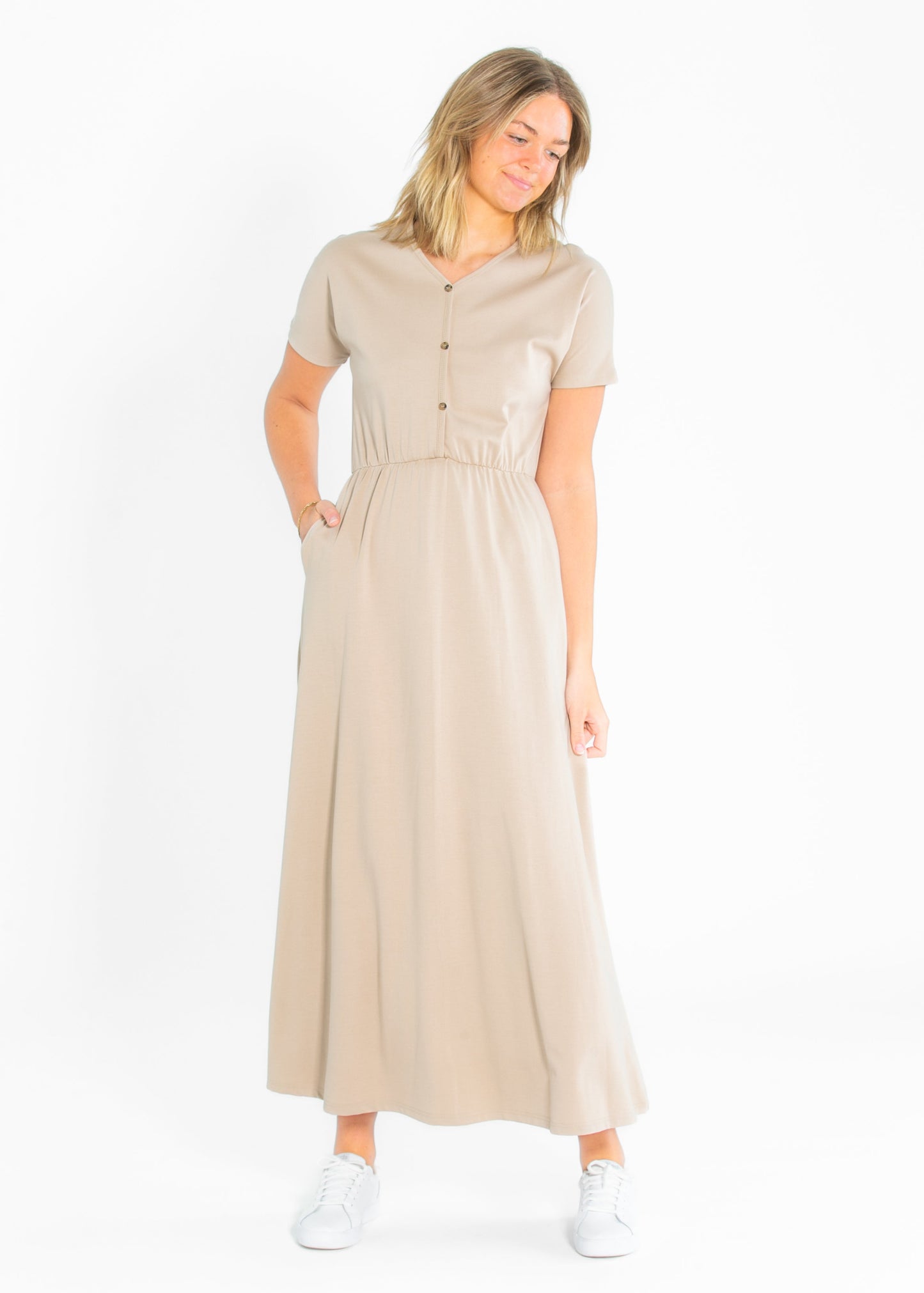 Ella Taupe Cinched Waist Maxi Dress