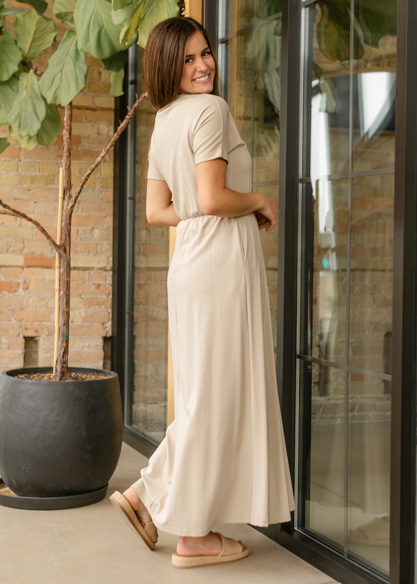 Ella Taupe Cinched Waist Maxi Dress