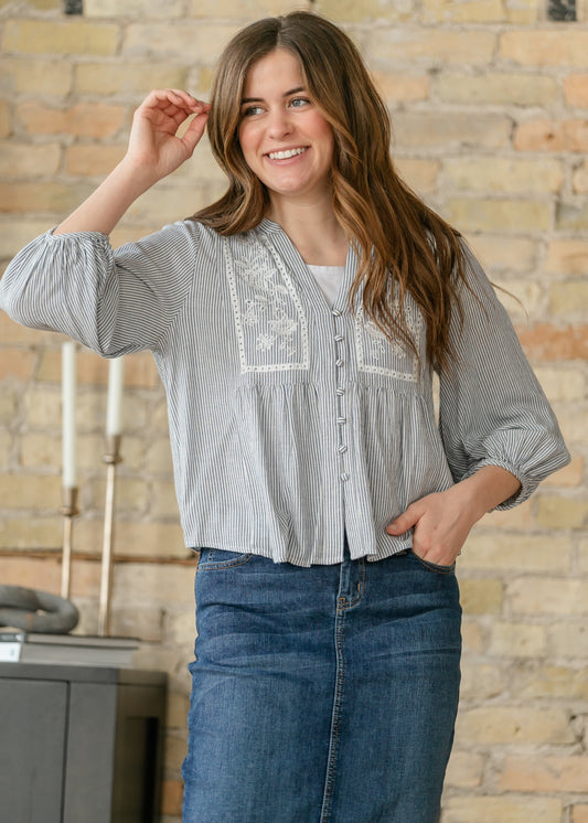Embroidered Button Up Woven Top