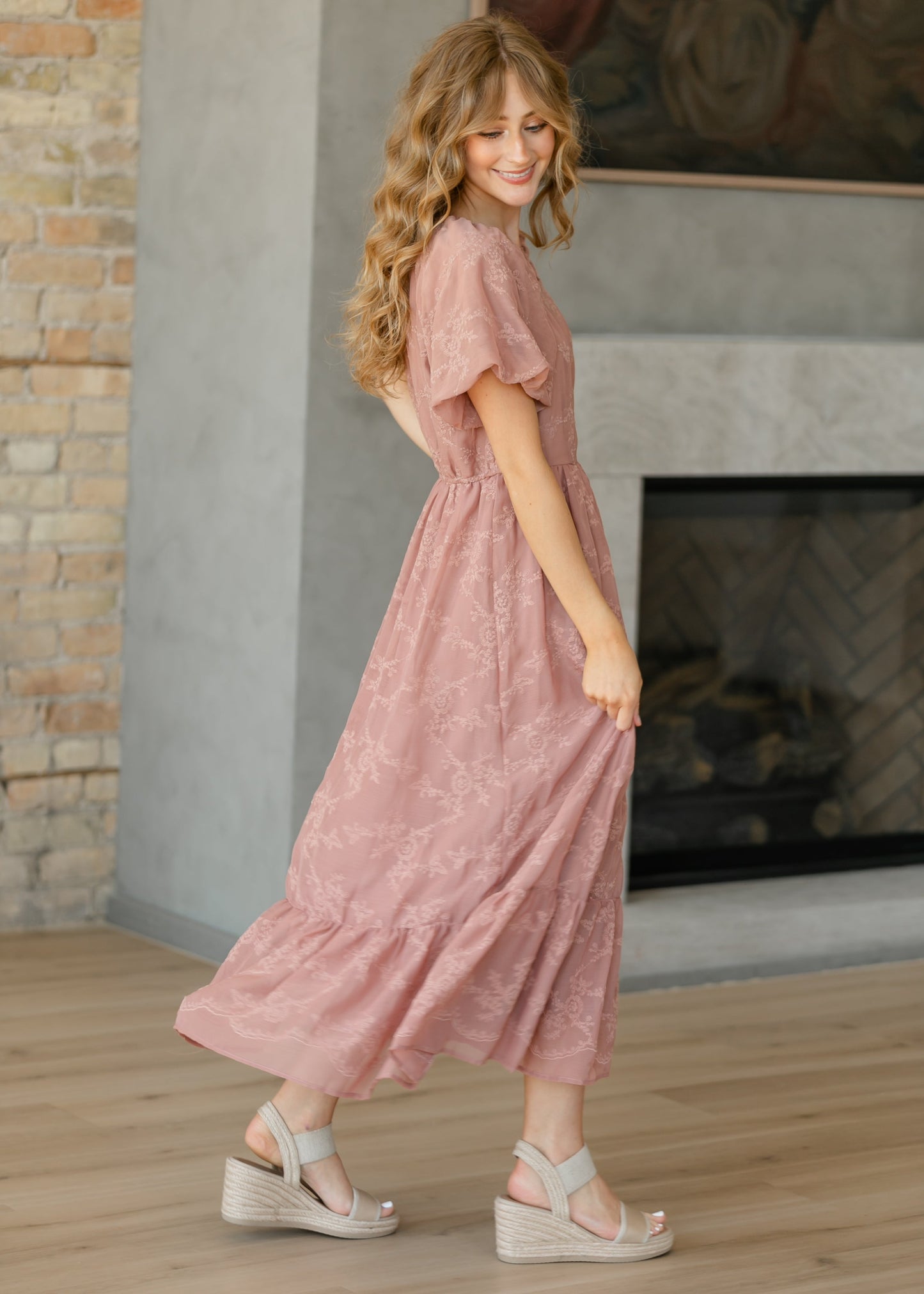 Embroidered Chiffon Ruffle Sleeve Maxi Dress - FINAL SALE