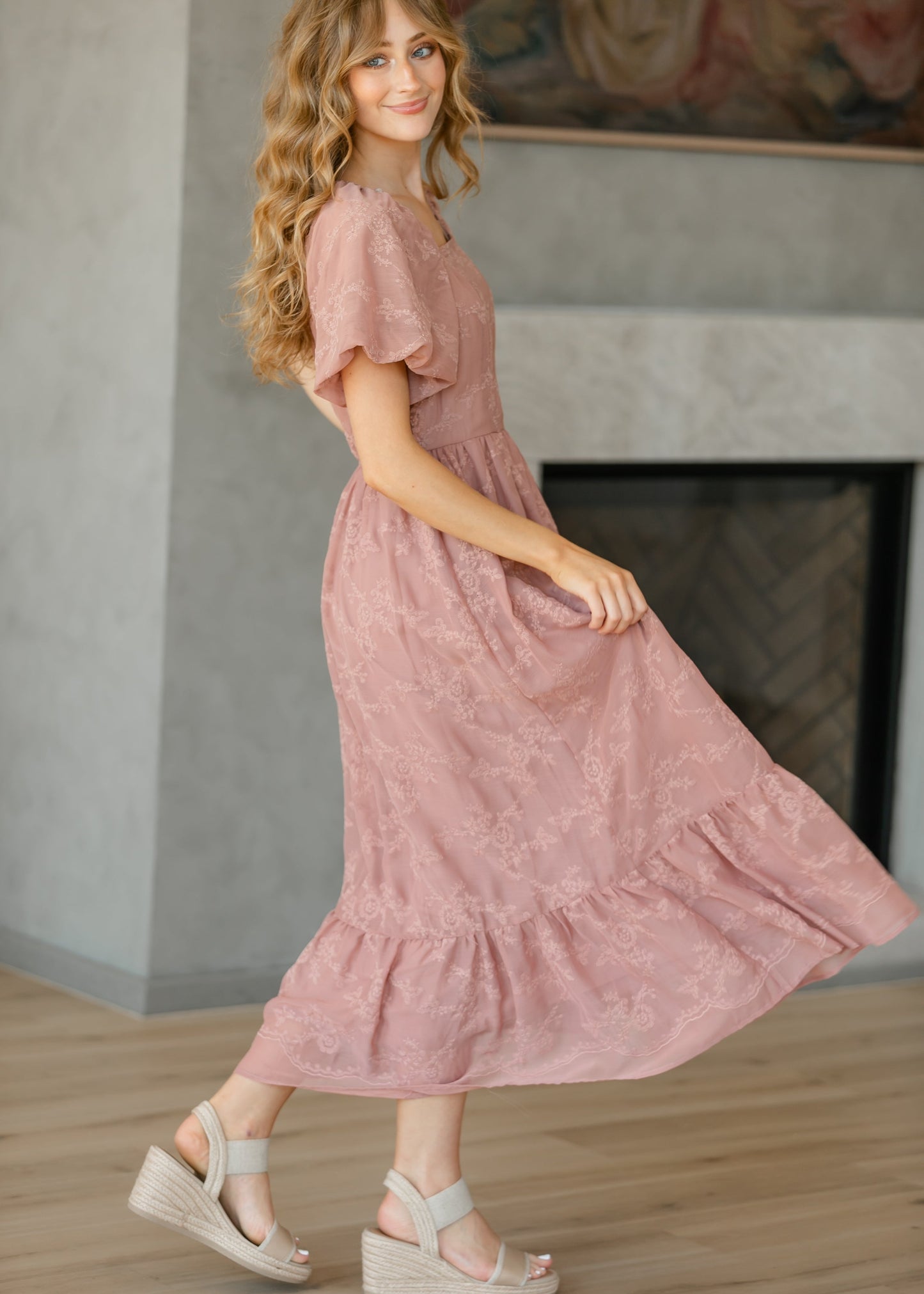 Embroidered Chiffon Ruffle Sleeve Maxi Dress - FINAL SALE