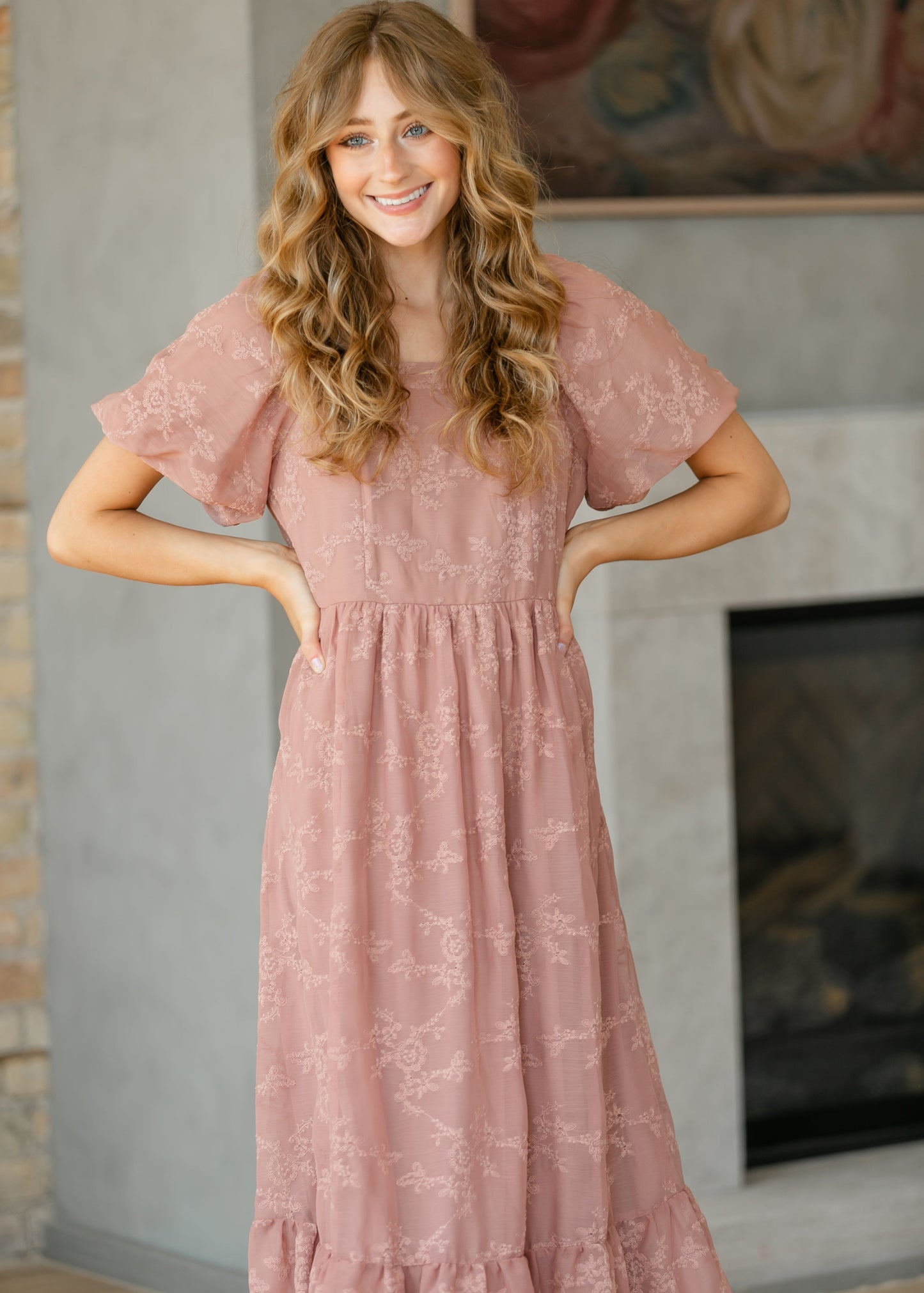 Embroidered Chiffon Ruffle Sleeve Maxi Dress - FINAL SALE