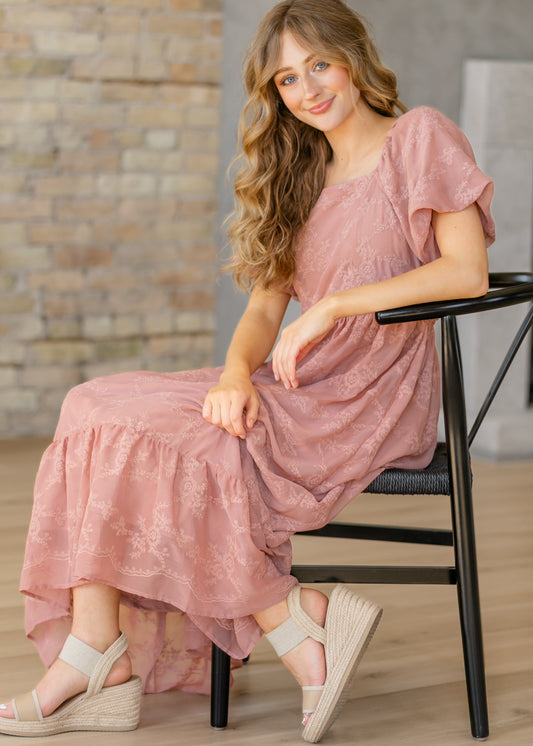 Embroidered Chiffon Ruffle Sleeve Maxi Dress - FINAL SALE