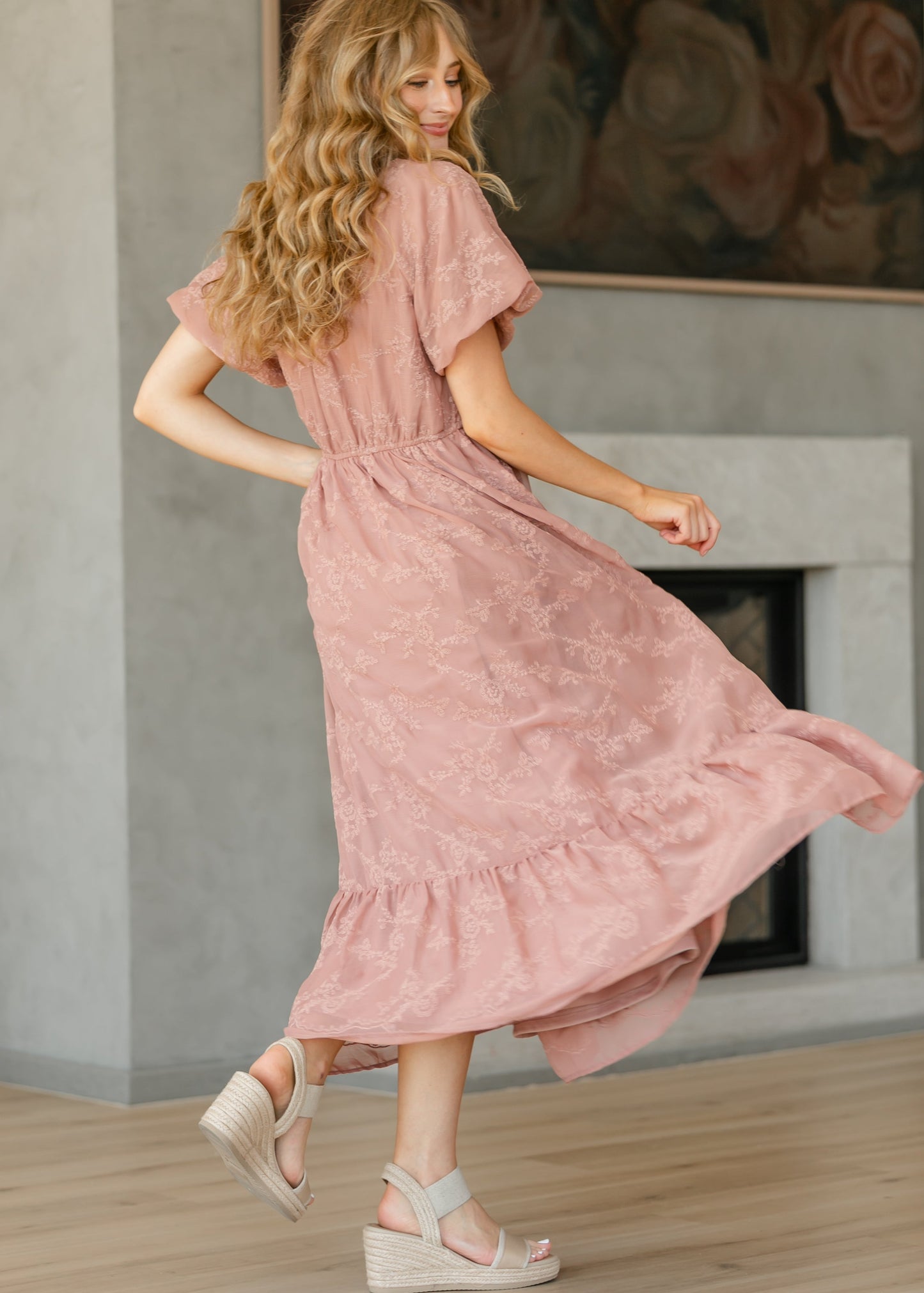 Embroidered Chiffon Ruffle Sleeve Maxi Dress - FINAL SALE