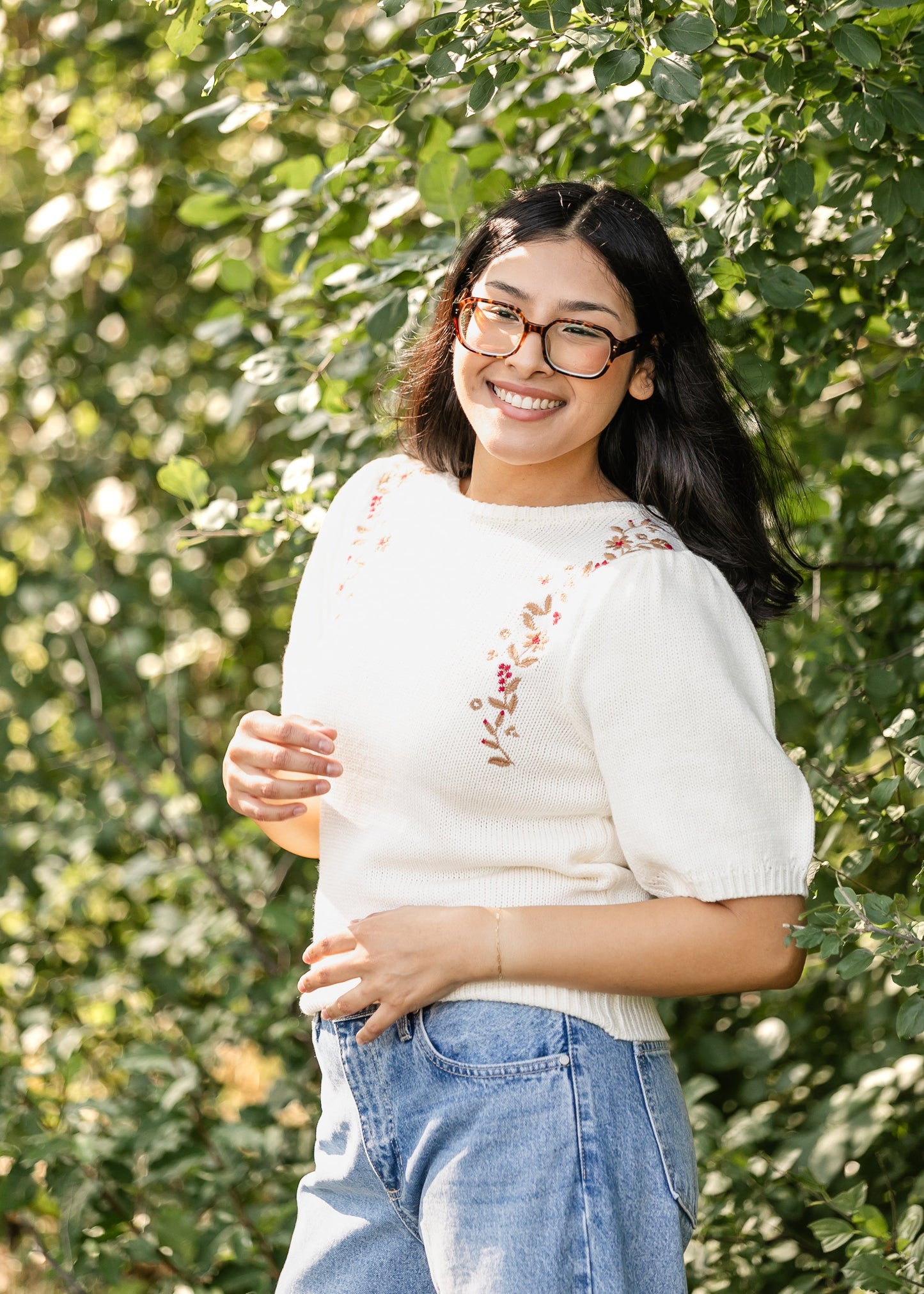 Embroidered Floral Short Sleeve Sweater - FINAL SALE