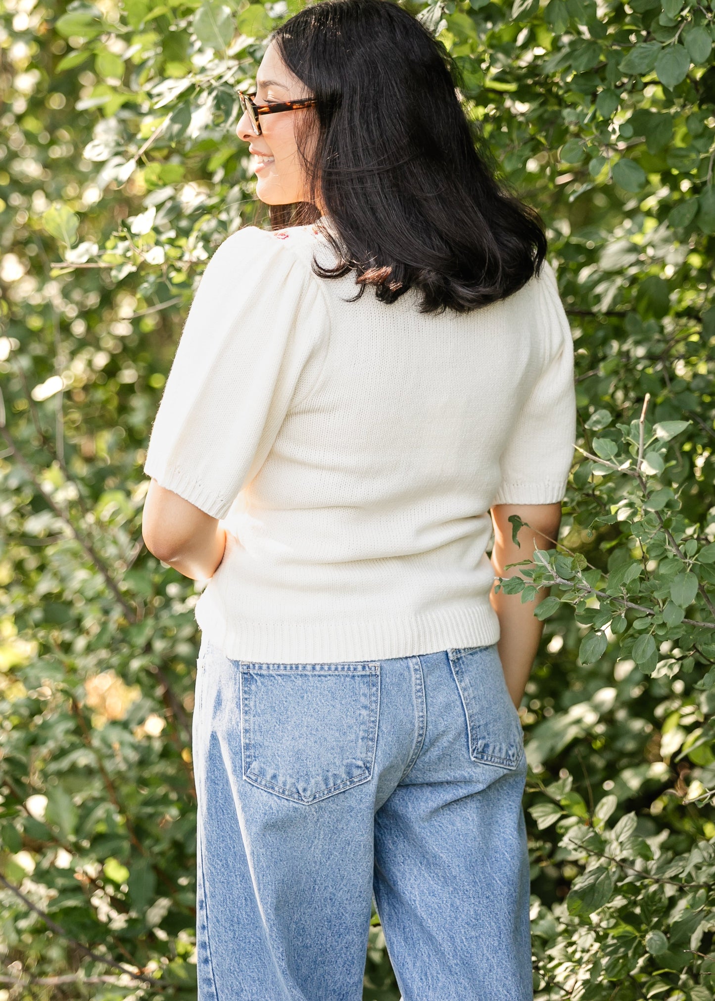 Embroidered Floral Short Sleeve Sweater - FINAL SALE