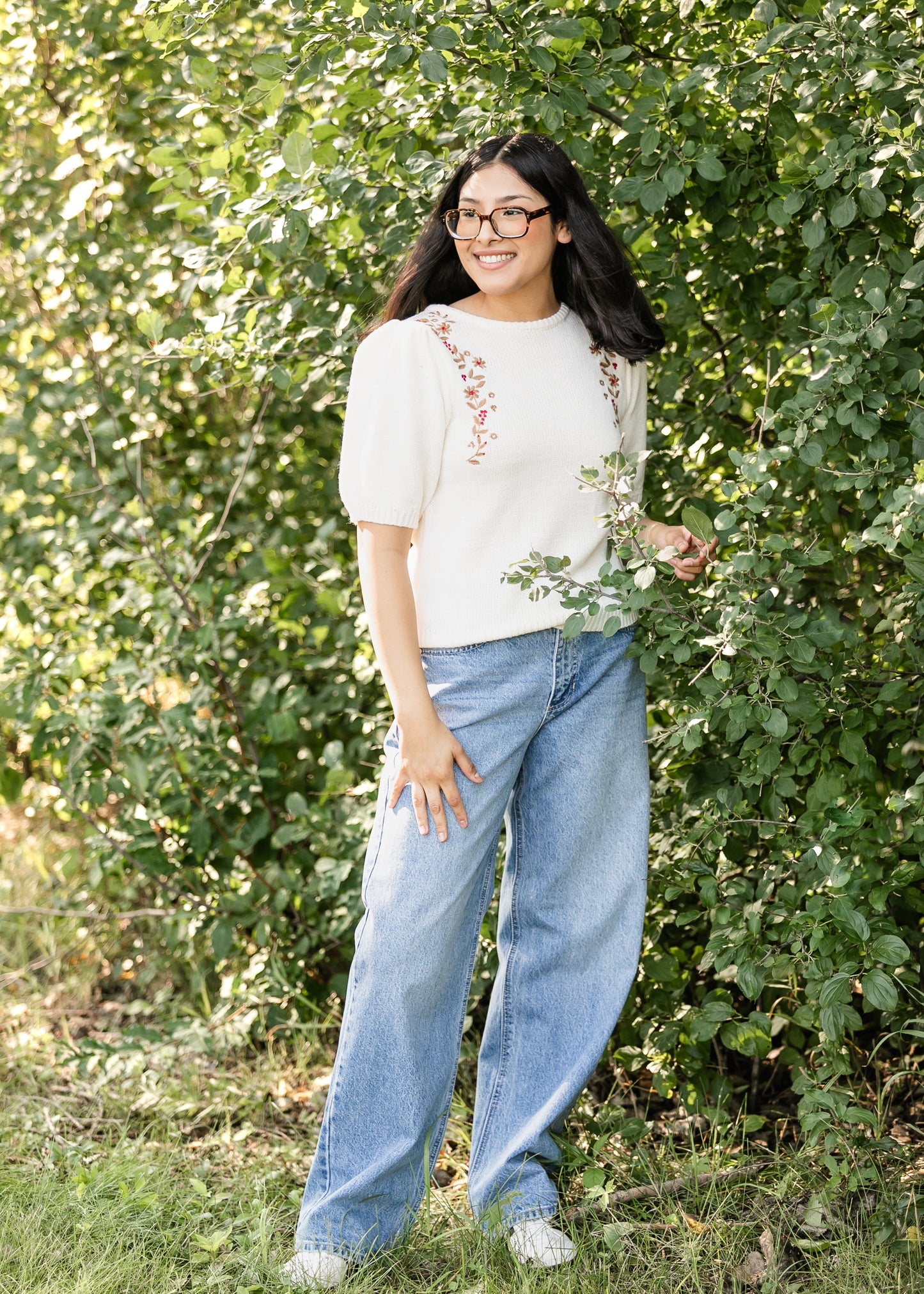 Embroidered Floral Short Sleeve Sweater - FINAL SALE