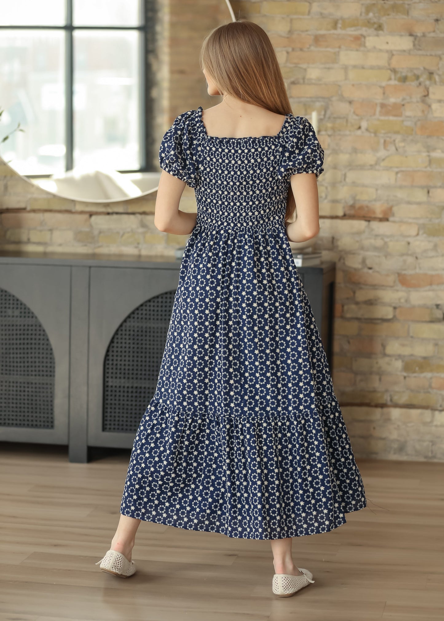 Embroidered Floral Smocked Maxi Dress