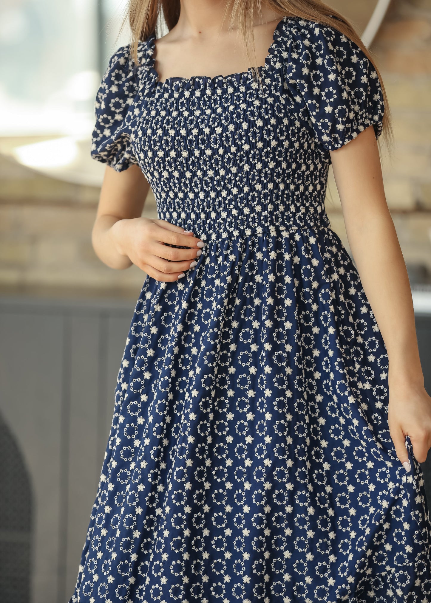 Embroidered Floral Smocked Maxi Dress
