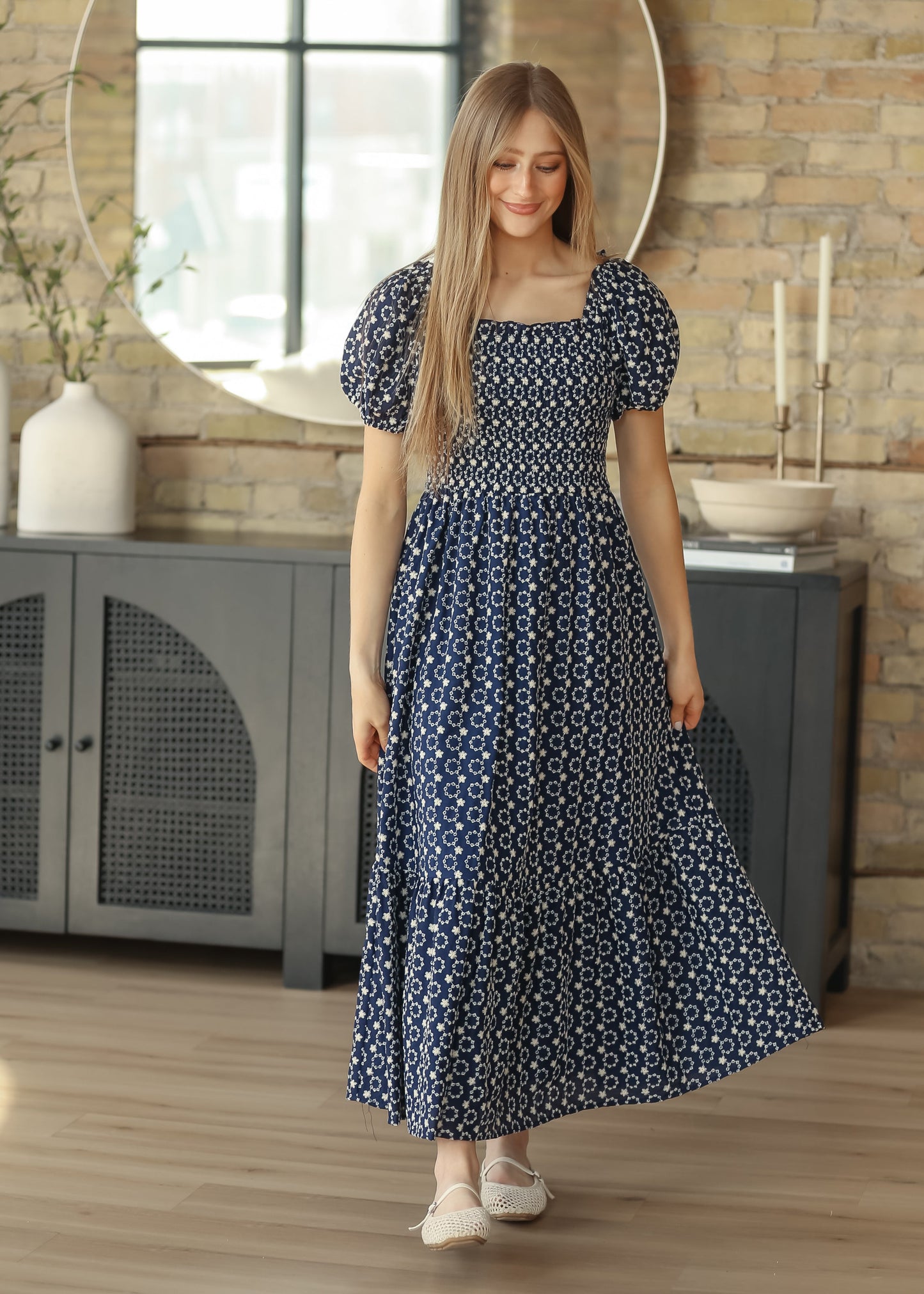 Embroidered Floral Smocked Maxi Dress