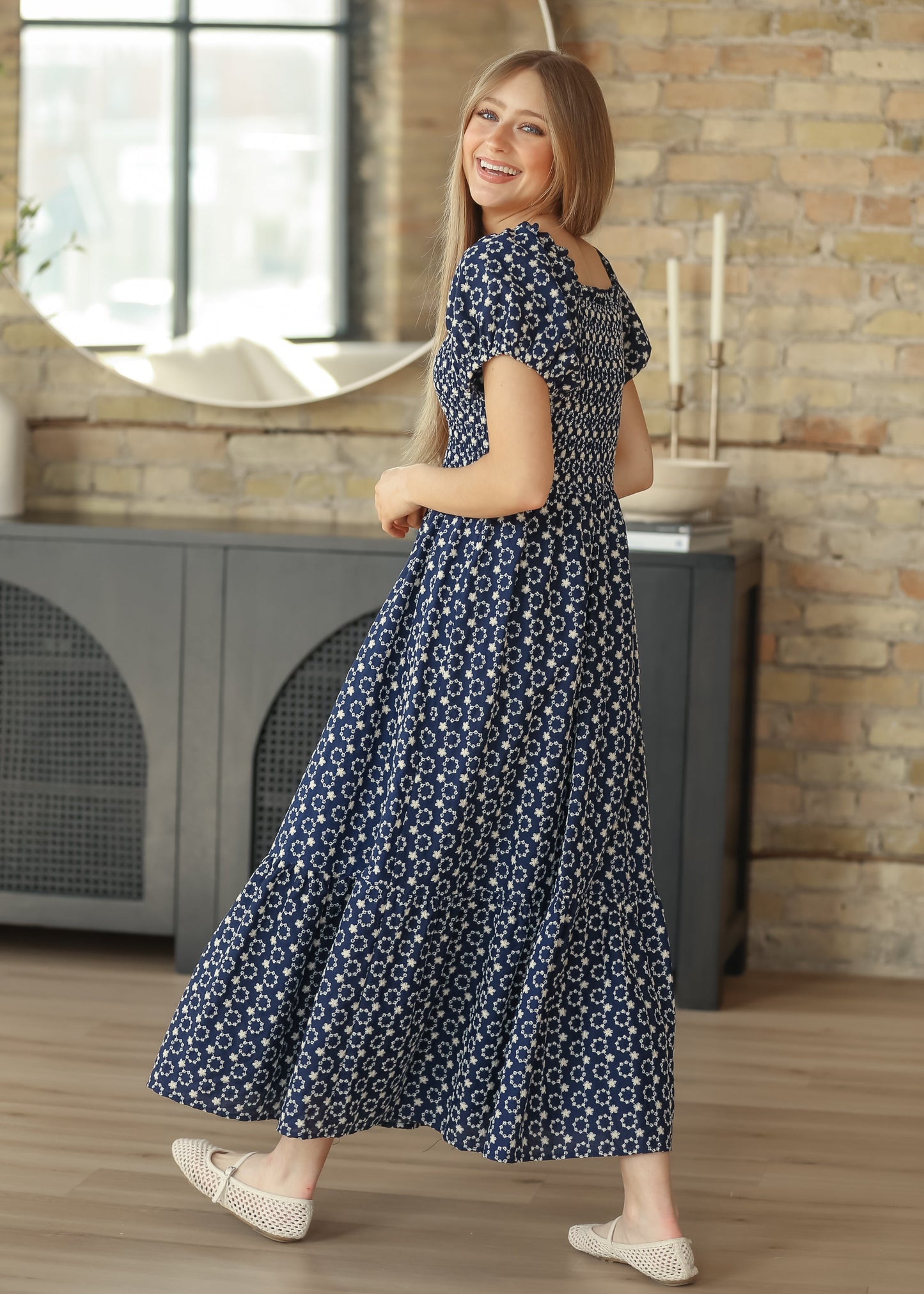 Embroidered Floral Smocked Maxi Dress