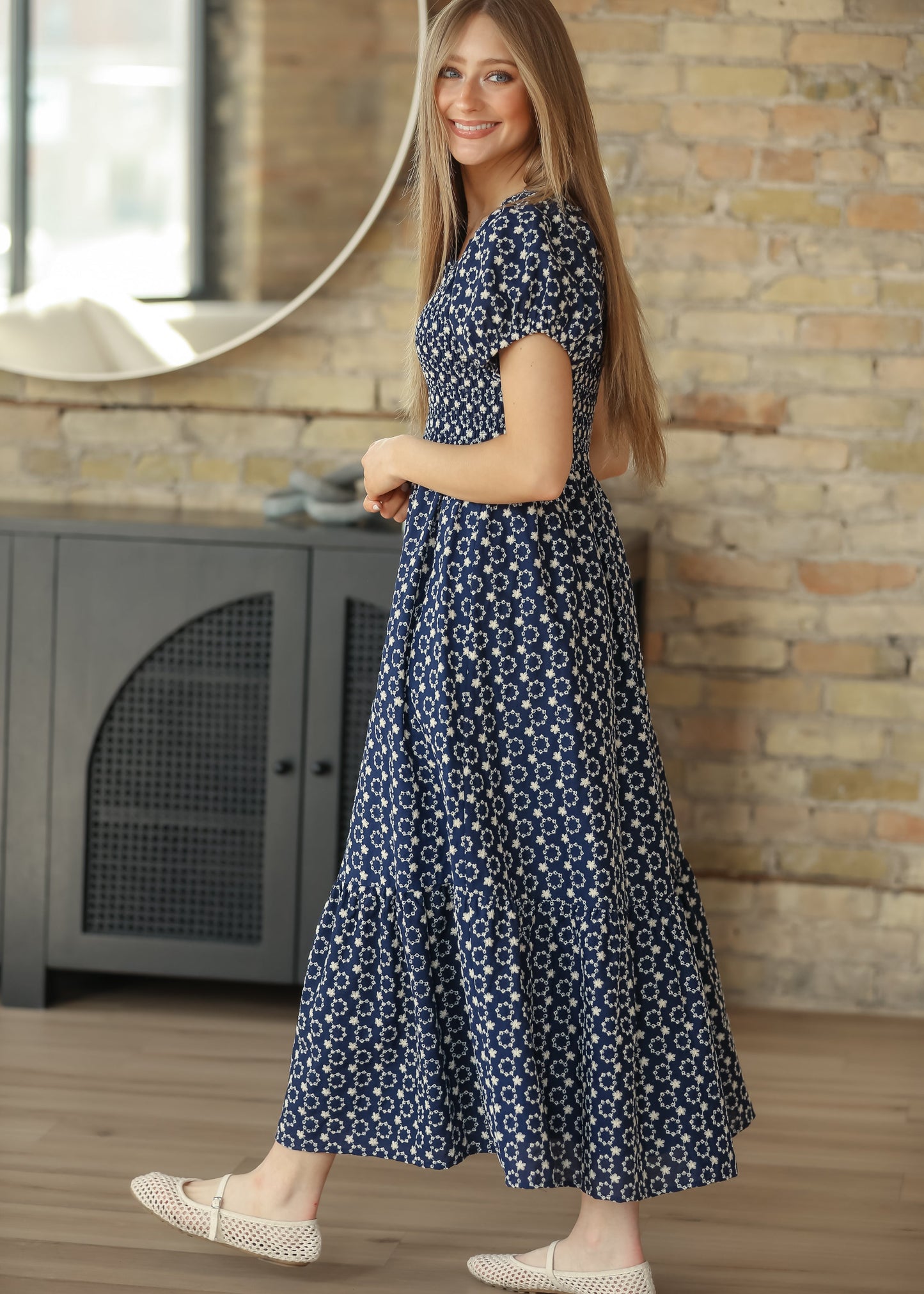 Embroidered Floral Smocked Maxi Dress