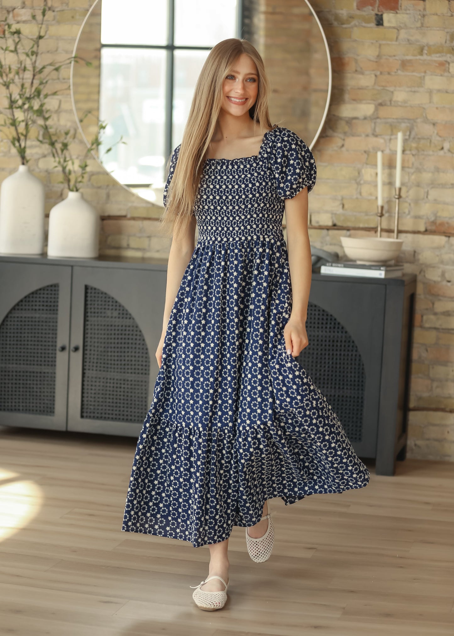 Embroidered Floral Smocked Maxi Dress