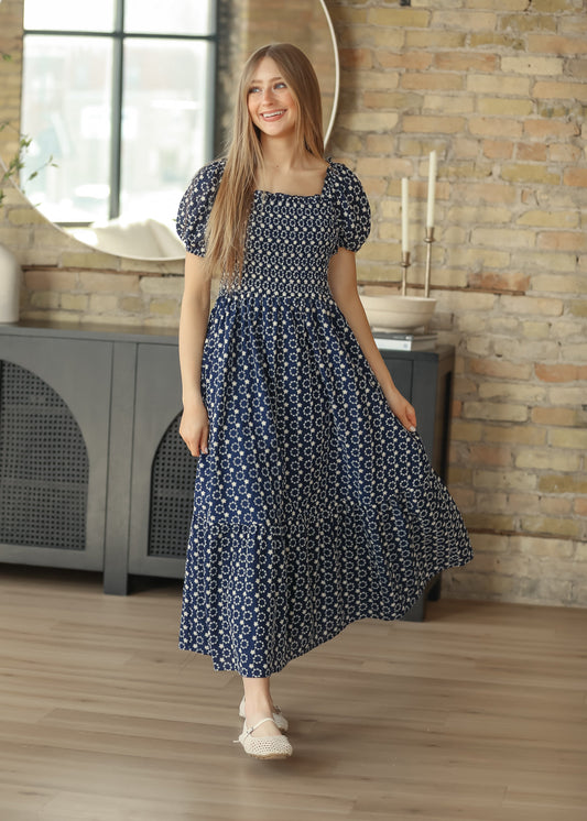 Embroidered Floral Smocked Maxi Dress