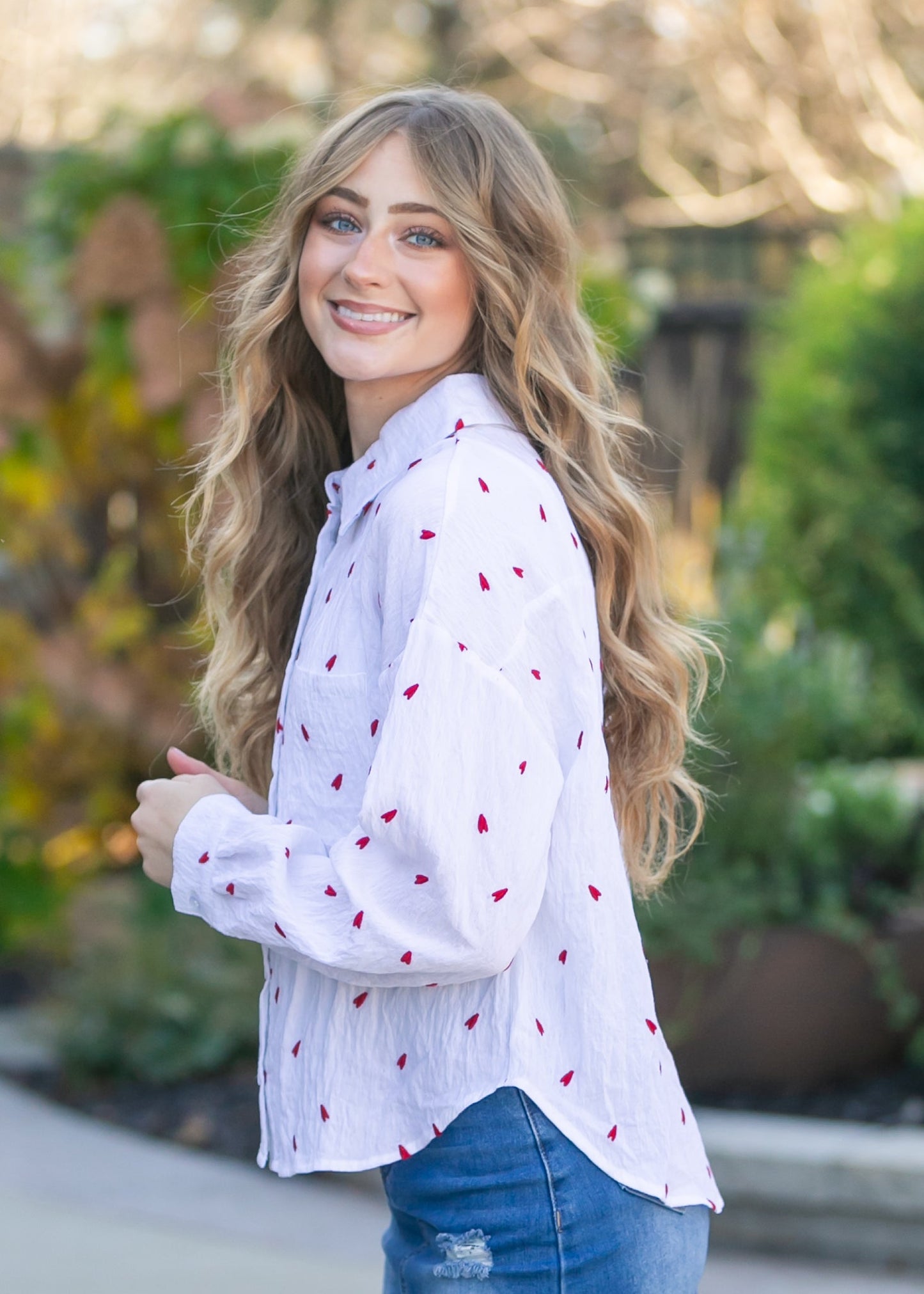 Embroidered Heart Button Down Top