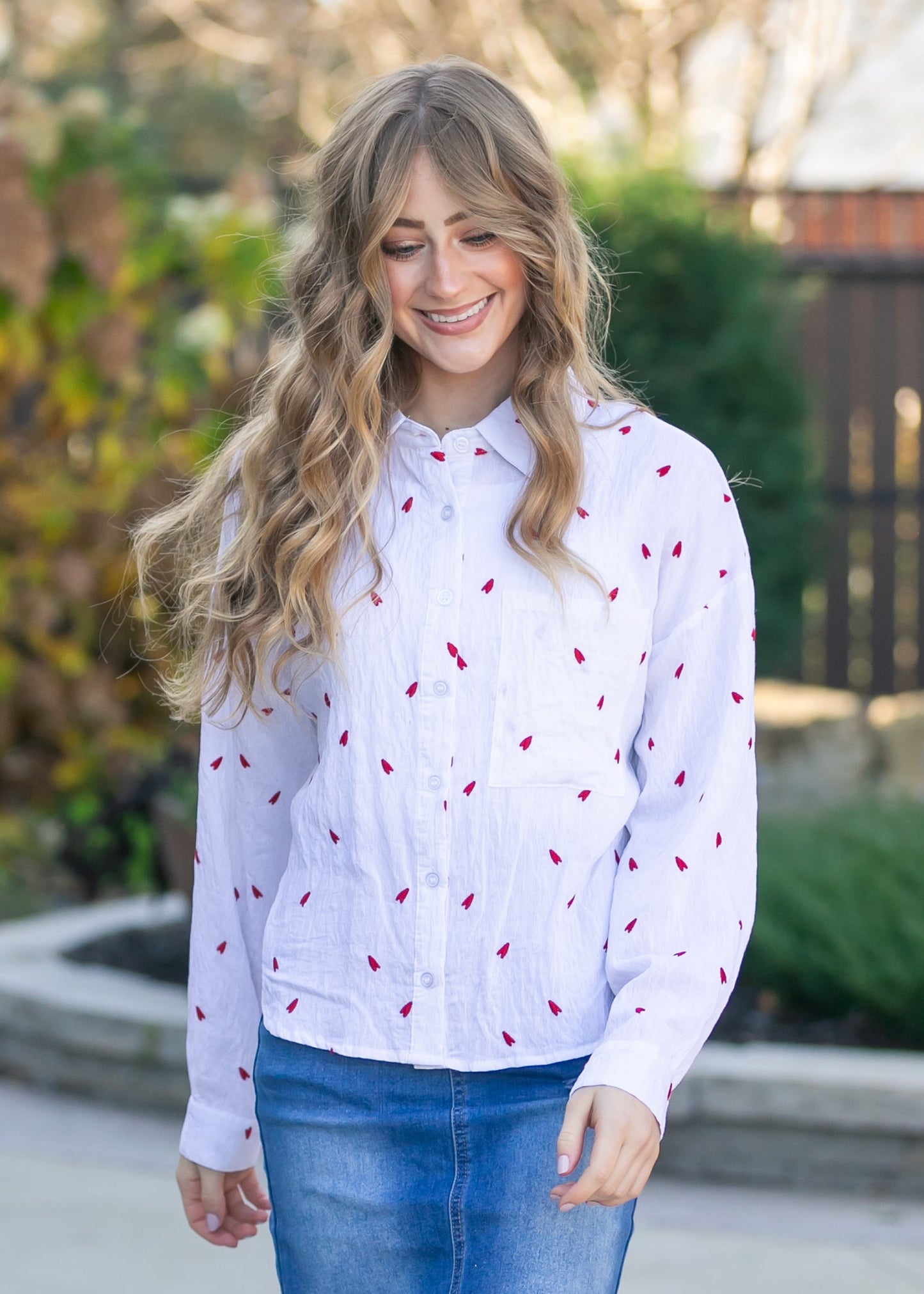 Embroidered Heart Button Down Top