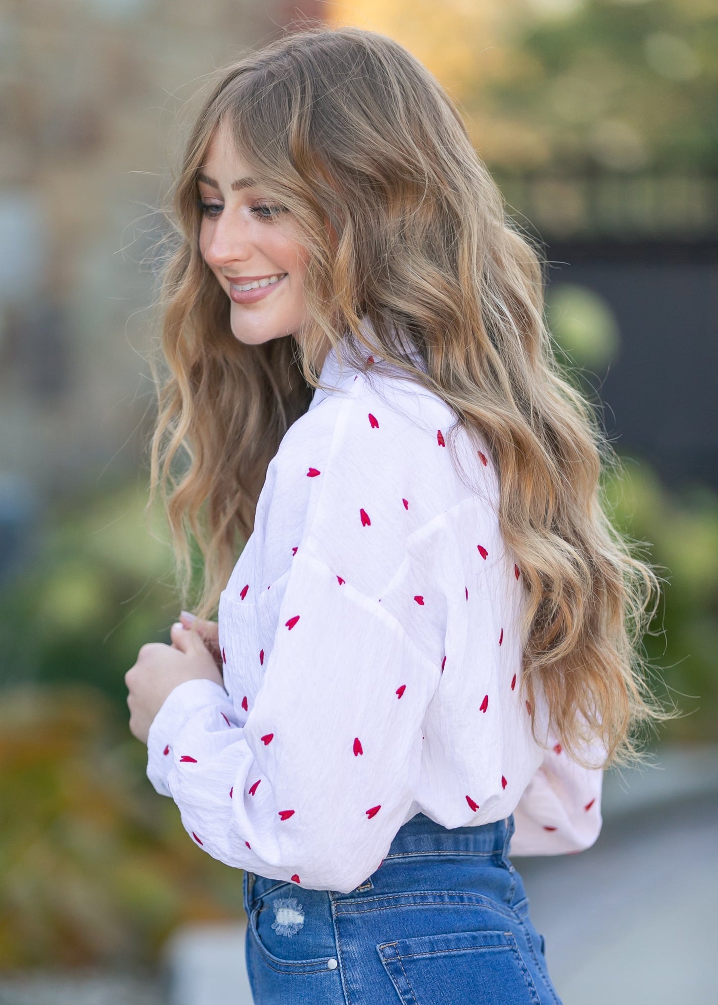 Embroidered Heart Button Down Top