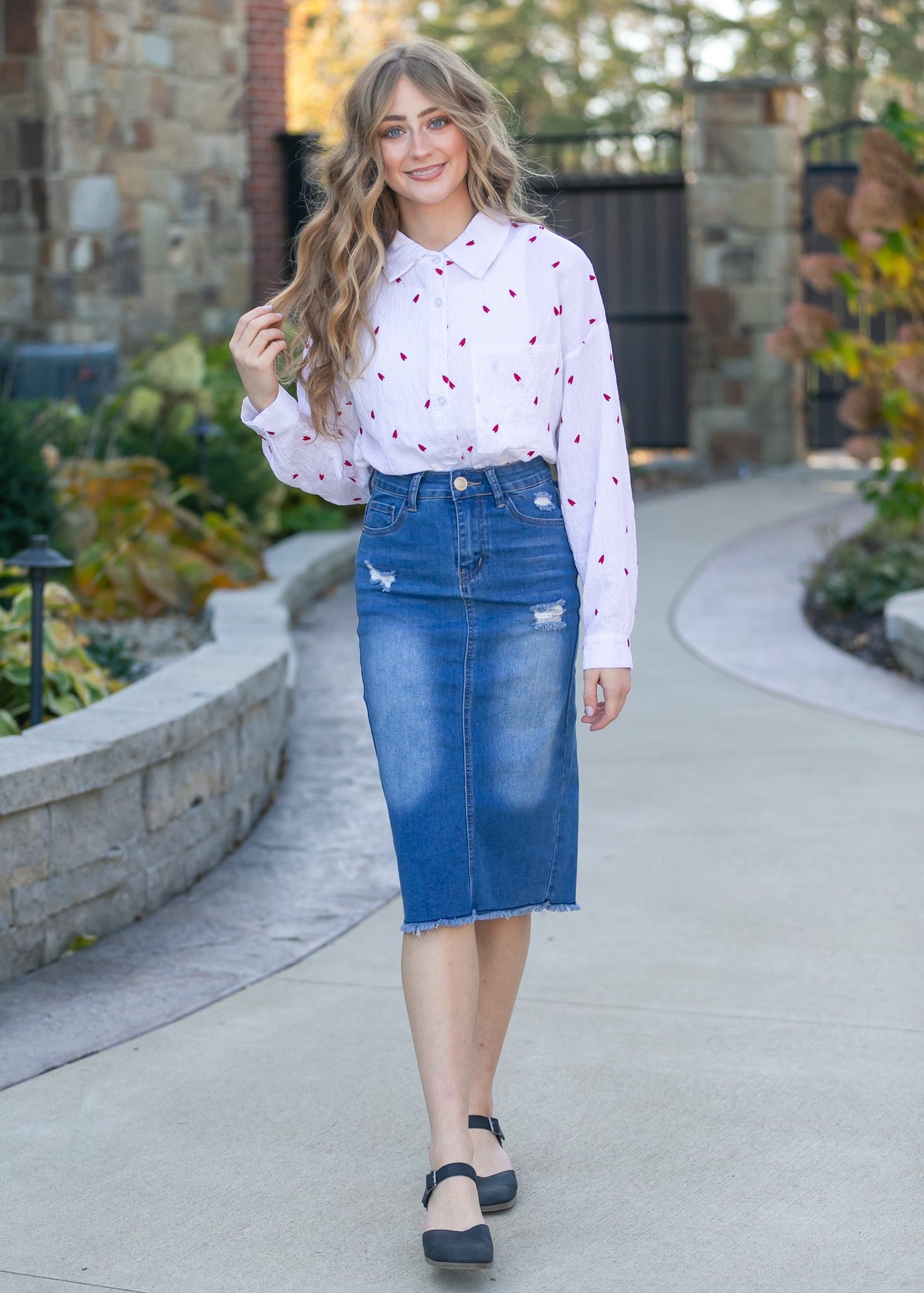 Embroidered Heart Button Down Top