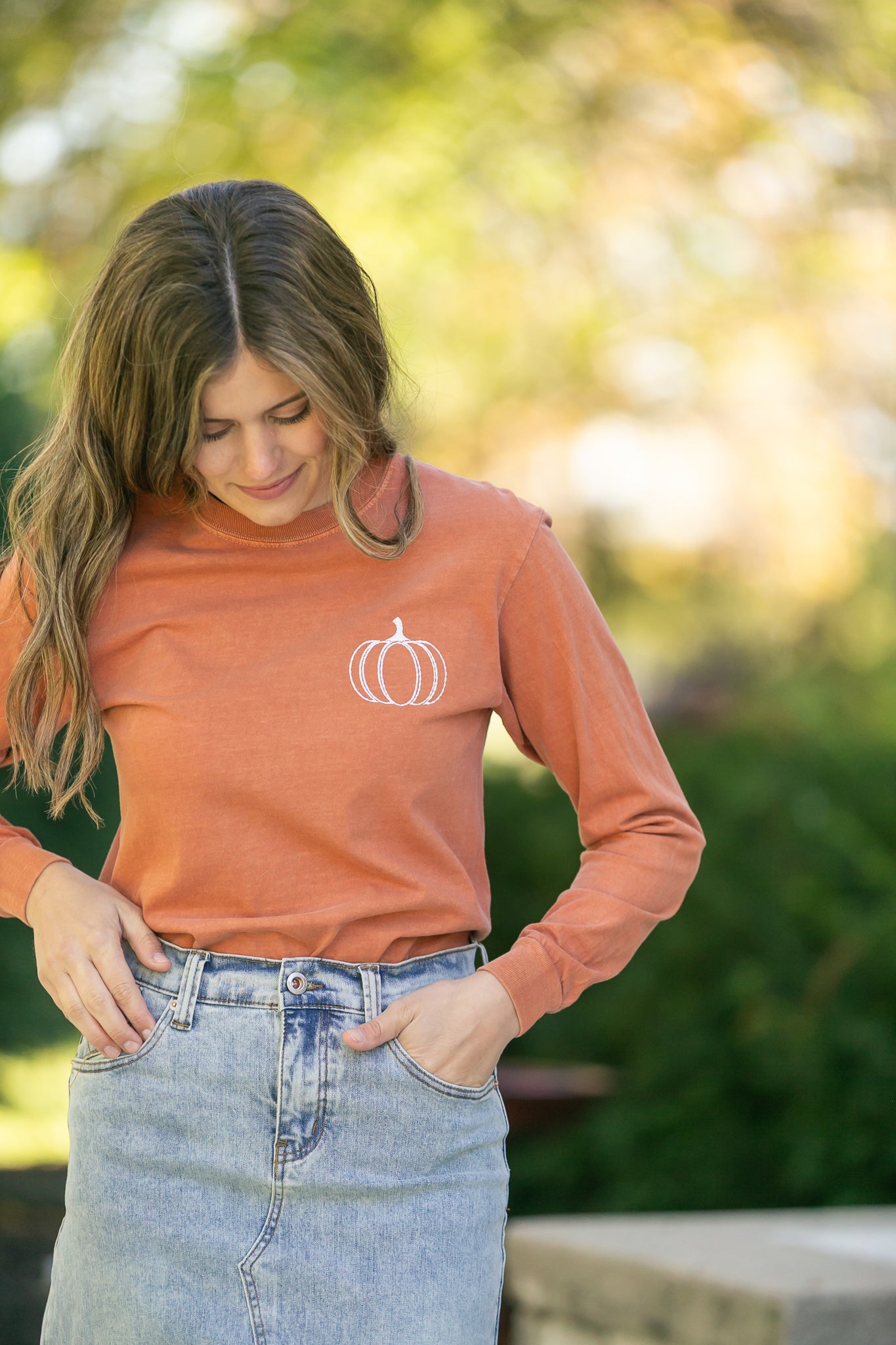Embroidered Pumpkin Long Sleeve Graphic Tee - FINAL SALE