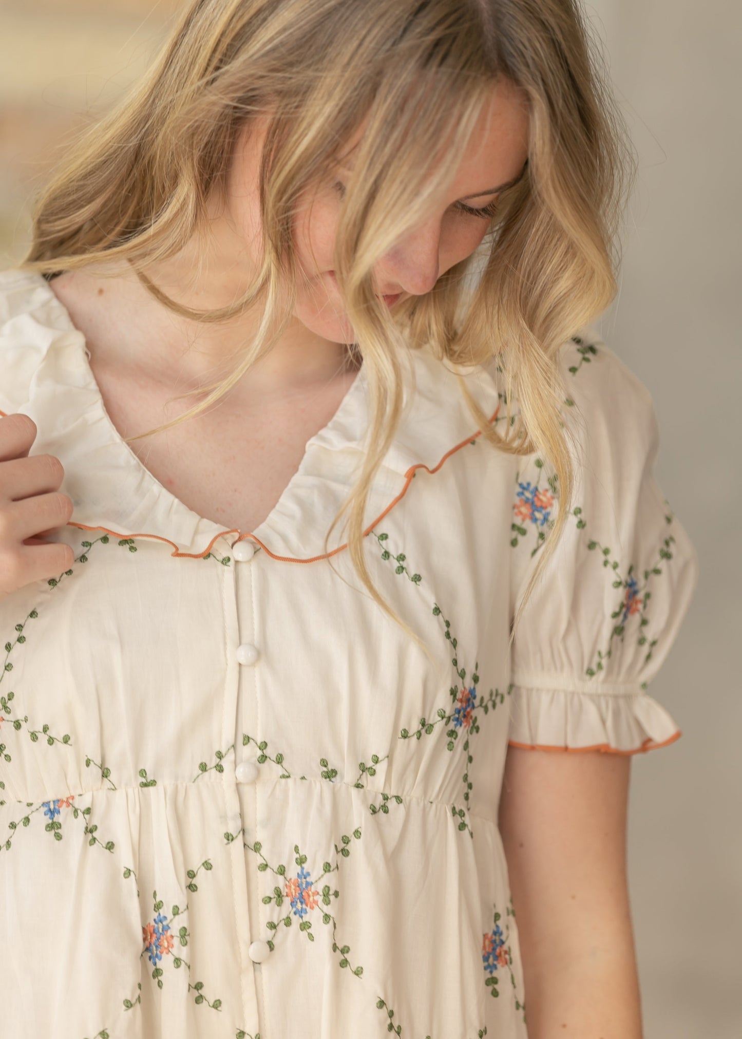 Embroidered Ruffle Collar Midi Dress