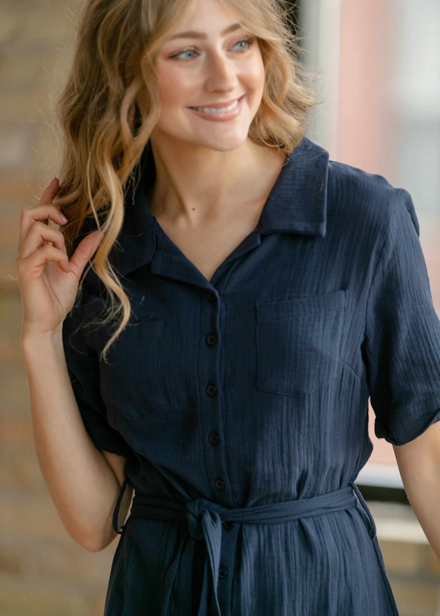 Essential Navy Short Sleeve Gauze Shirt Dress