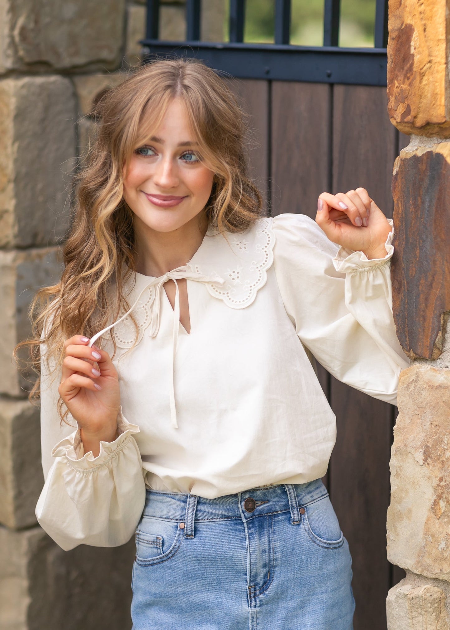 Eyelet Collar Long Sleeve Top - FINAL SALE