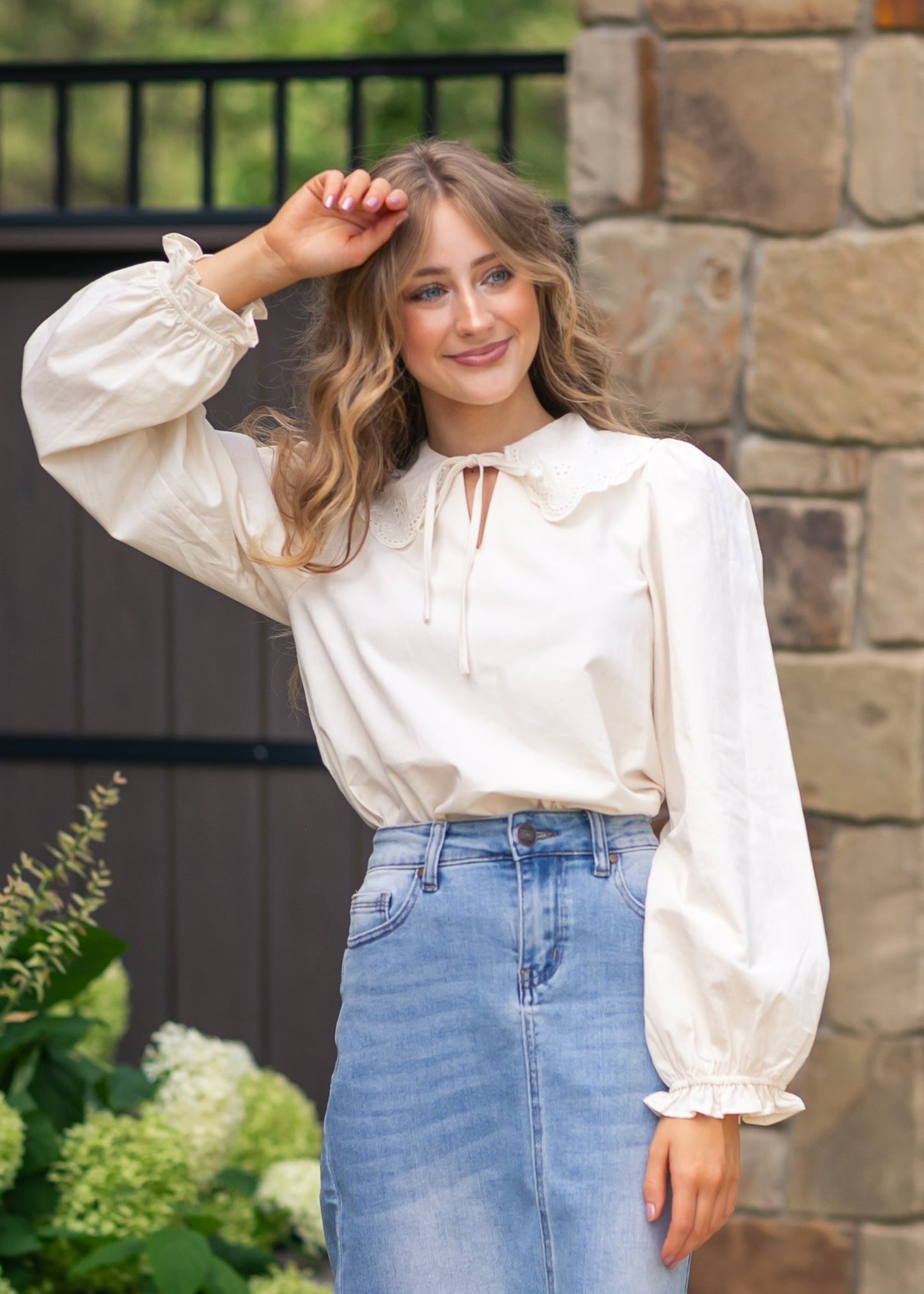 Eyelet Collar Long Sleeve Top - FINAL SALE