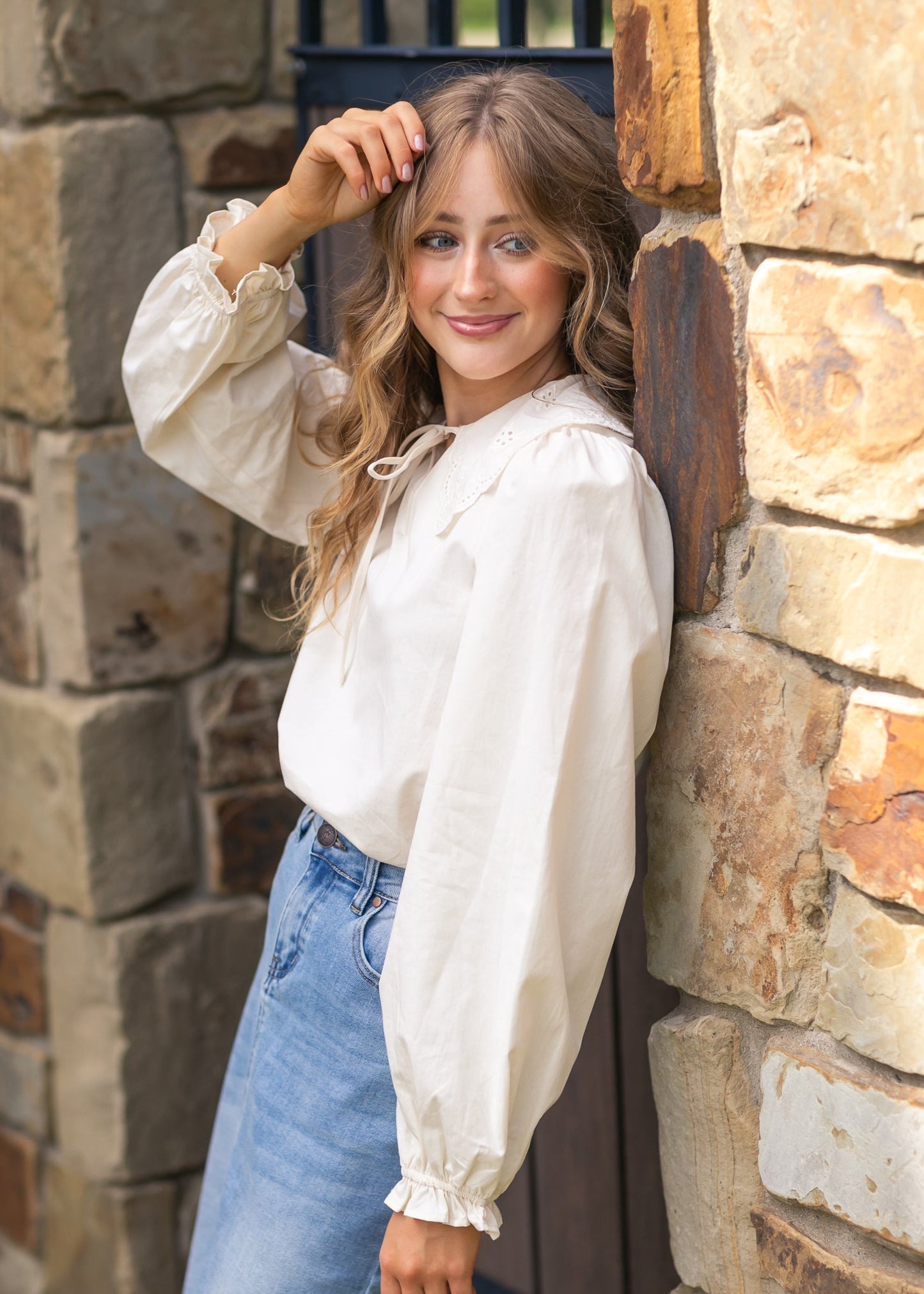 Eyelet Collar Long Sleeve Top - FINAL SALE