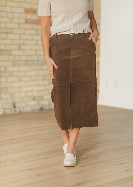 Faux Suede Front Slit Midi Skirt - FINAL SALE