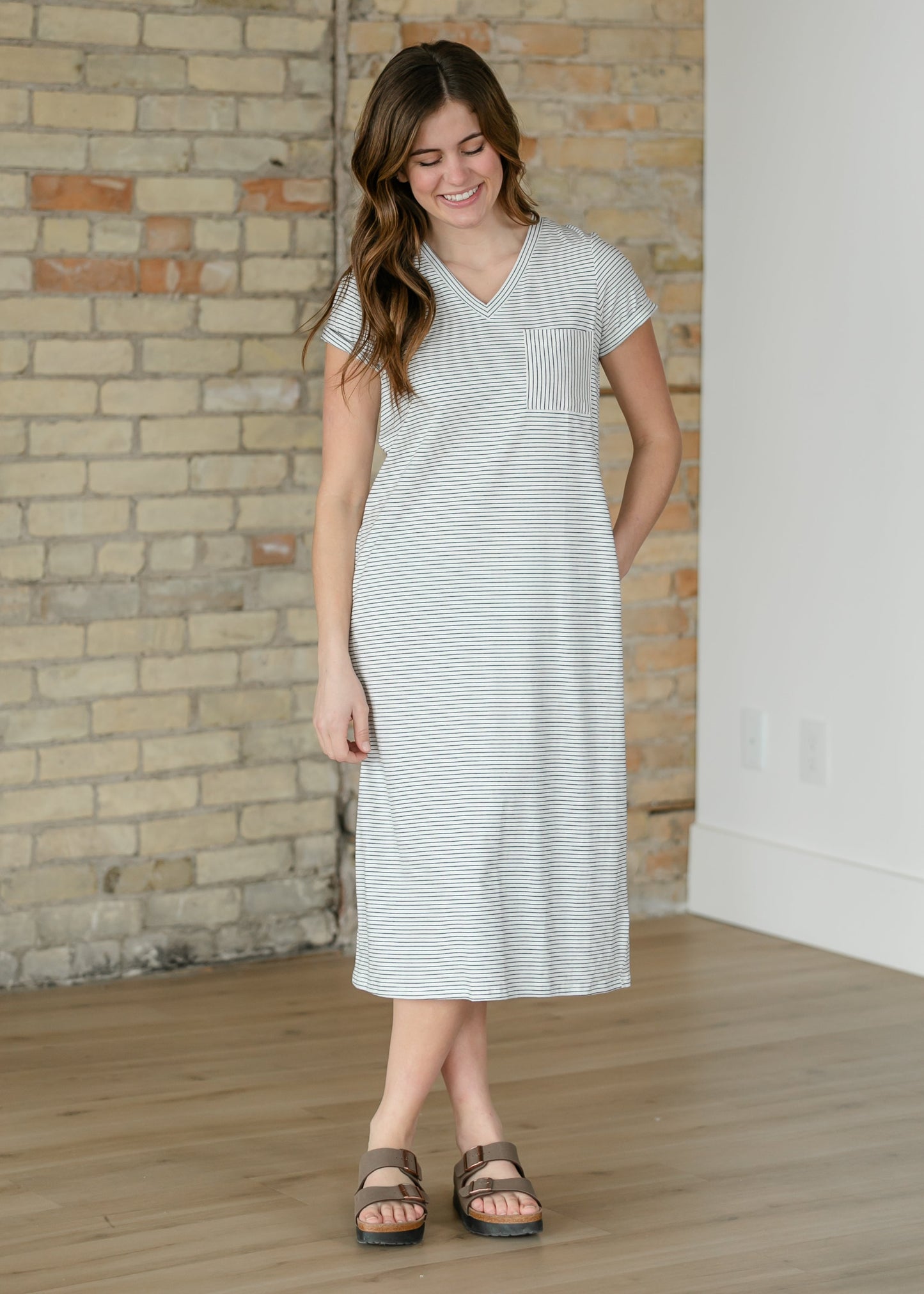 Finley Black Stripe V-neck Midi Dress