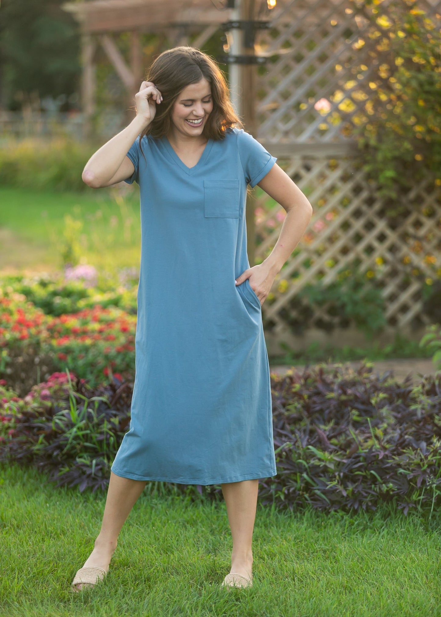Finley Chambray Blue V-neck T-shirt Dress
