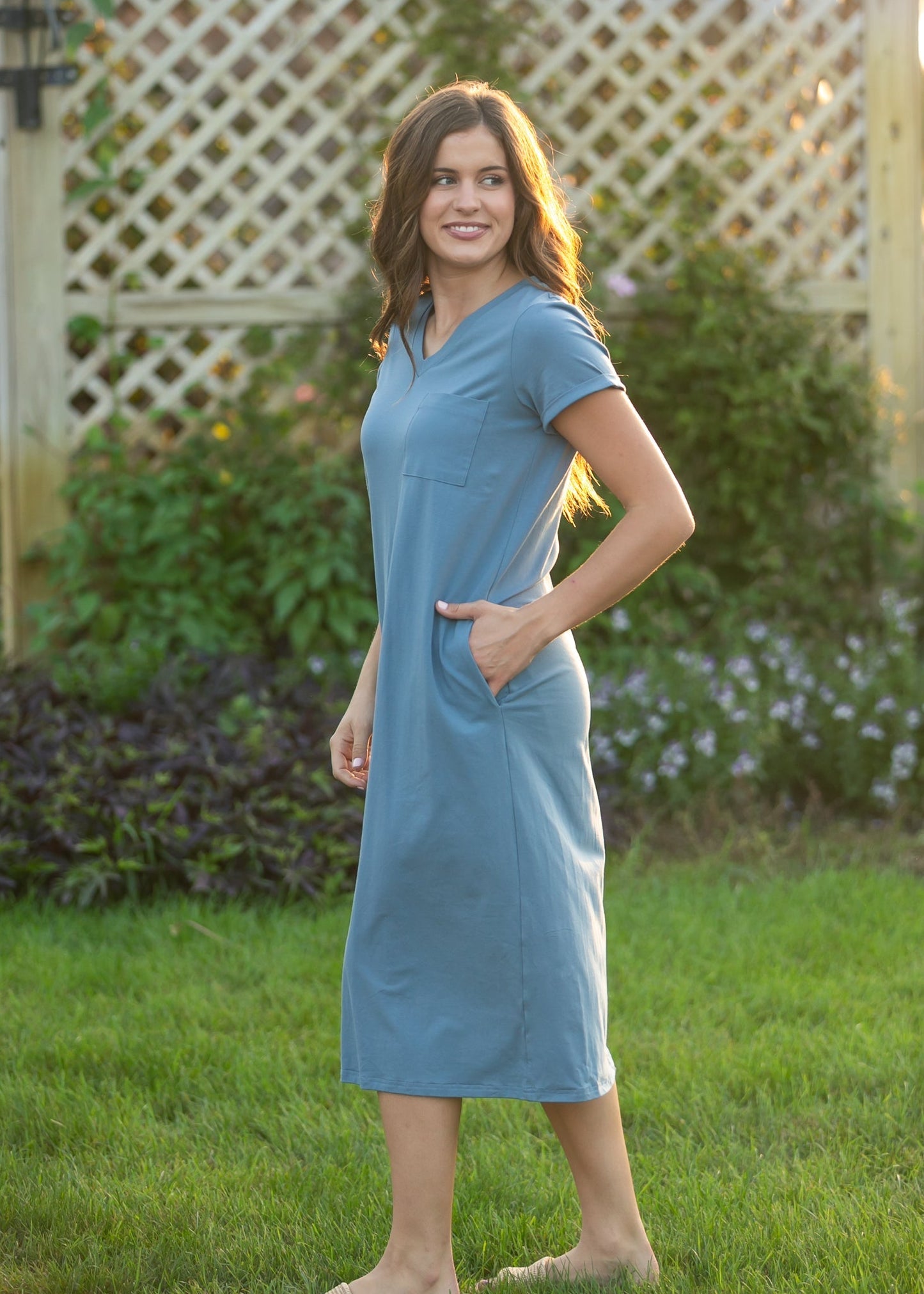 Finley Chambray Blue V-neck T-shirt Dress