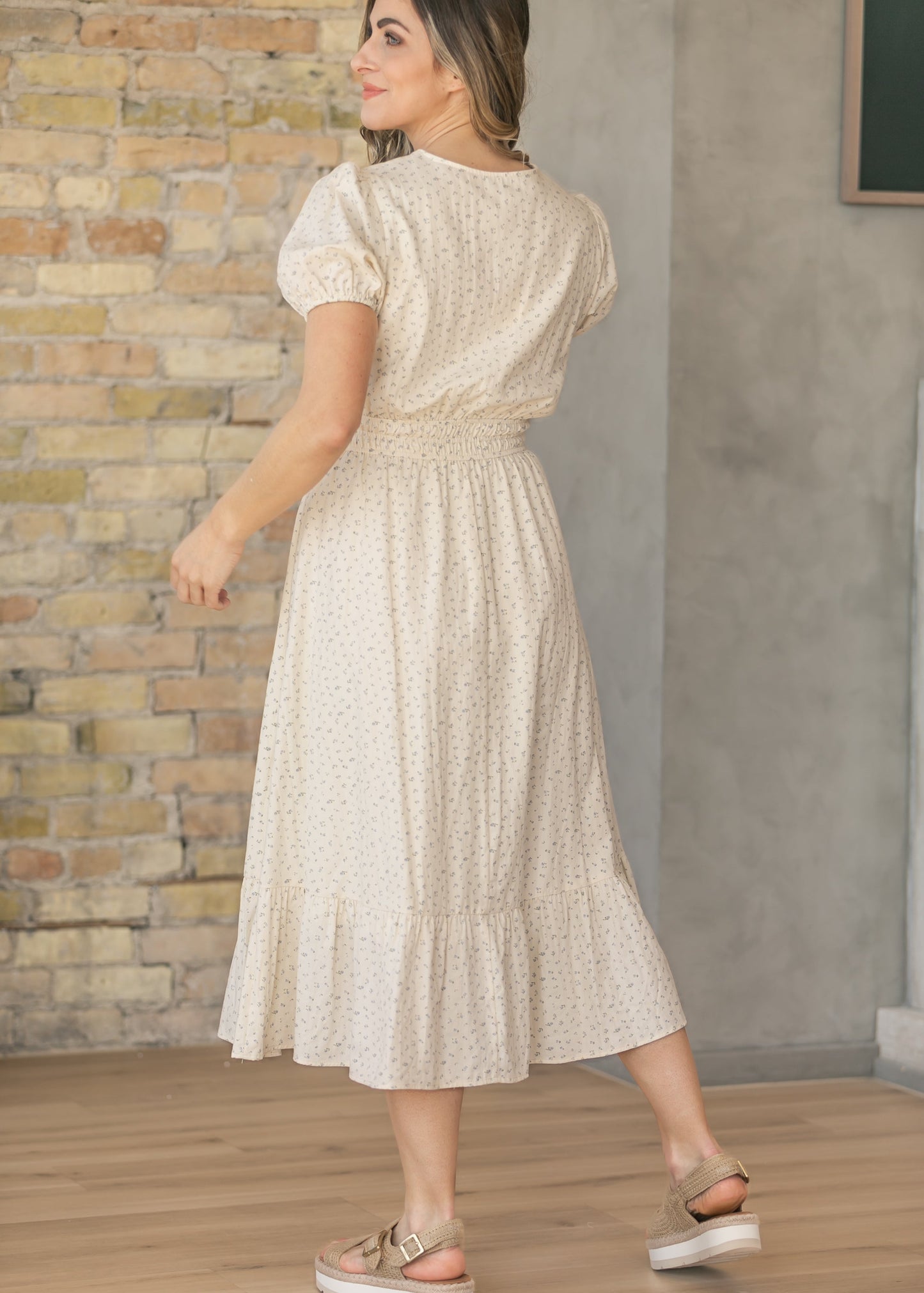 Floral Button V-Neck Midi Dress