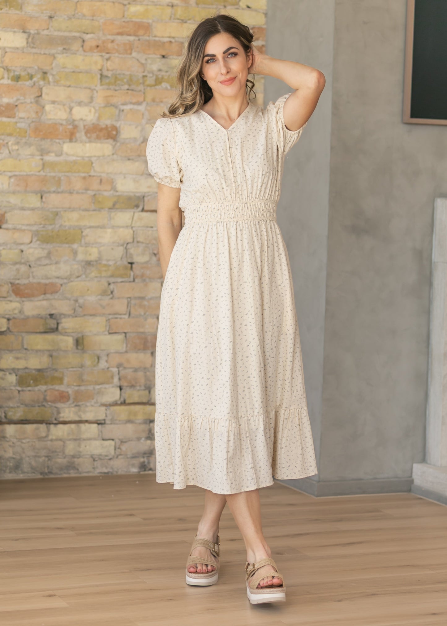 Floral Button V-Neck Midi Dress