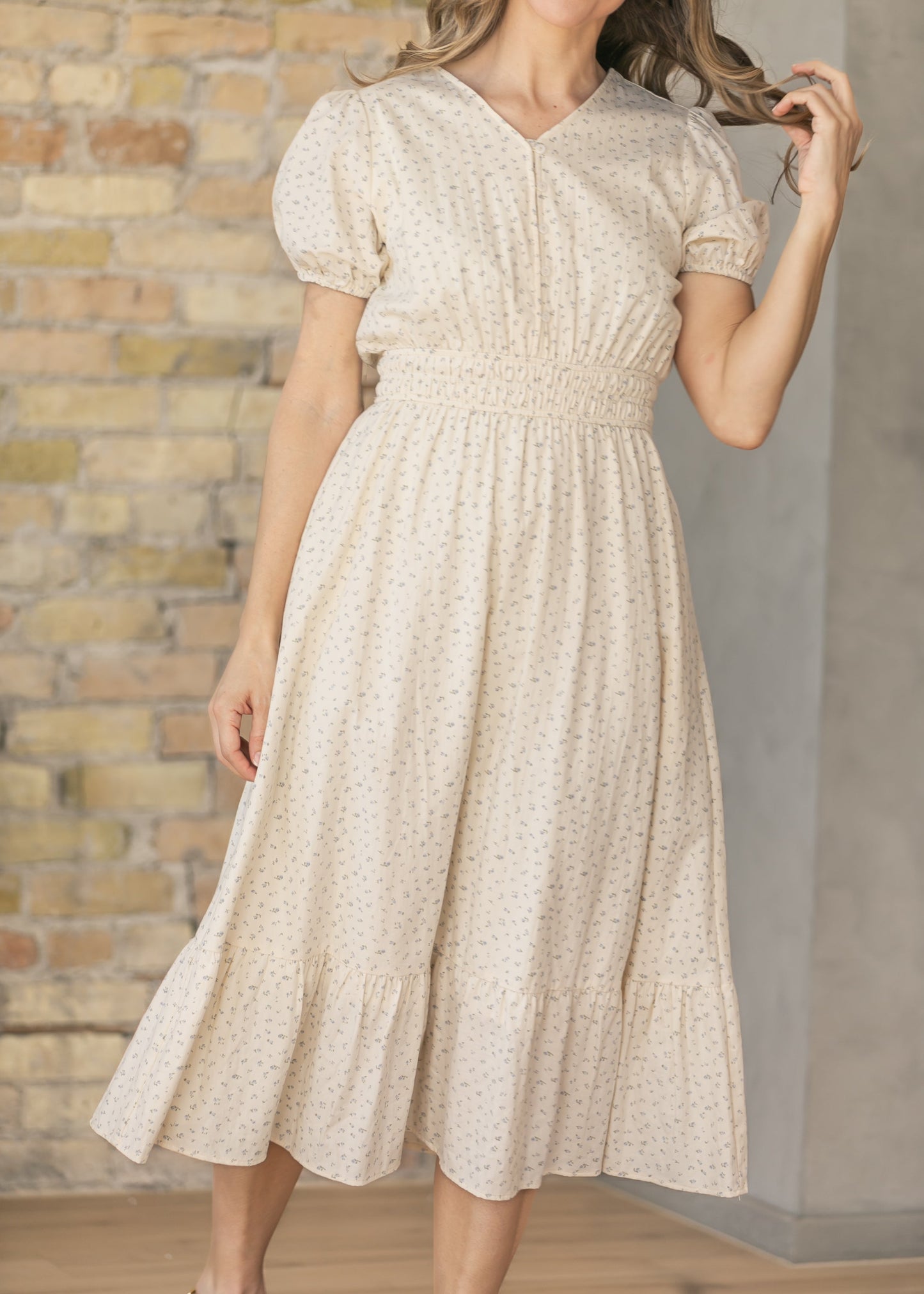 Floral Button V-Neck Midi Dress