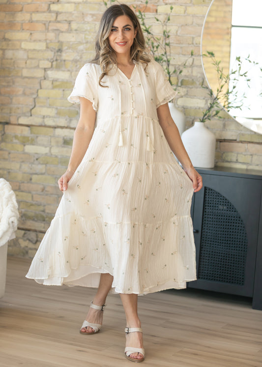 Floral Embroidered Button Front Maxi Dress